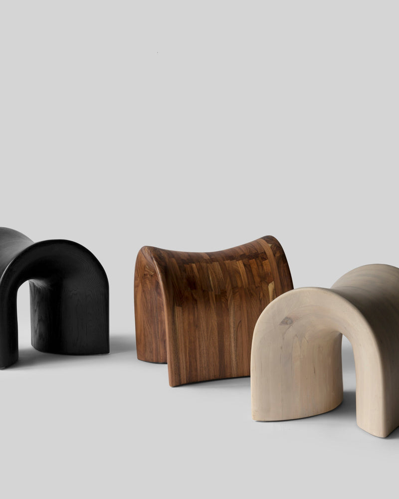 TORO Oak Stool — close-up of curved wooden seat in natural finish