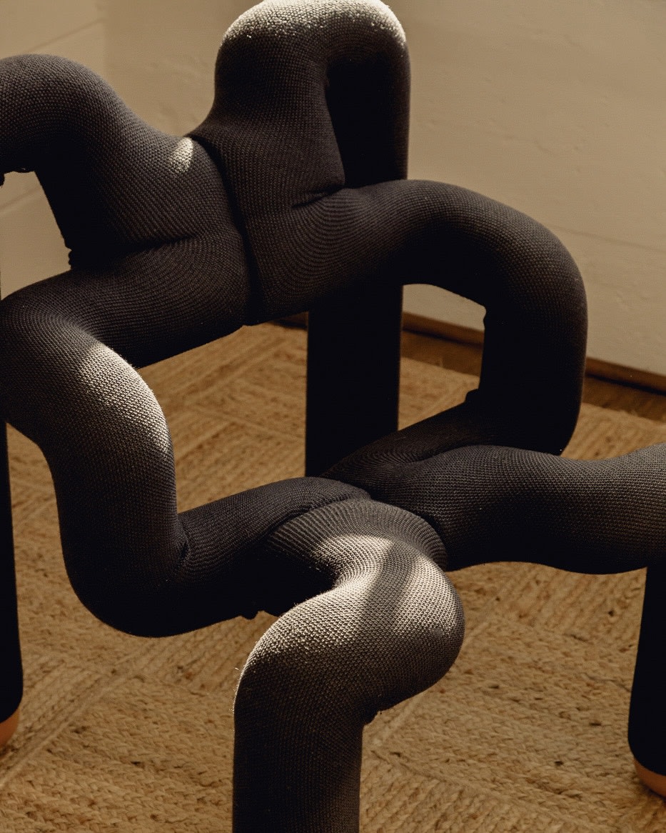 Post-Modern Ekstrem Chair by Terje Ekstrom Norway 1984 — side angle showing black fabric upholstery