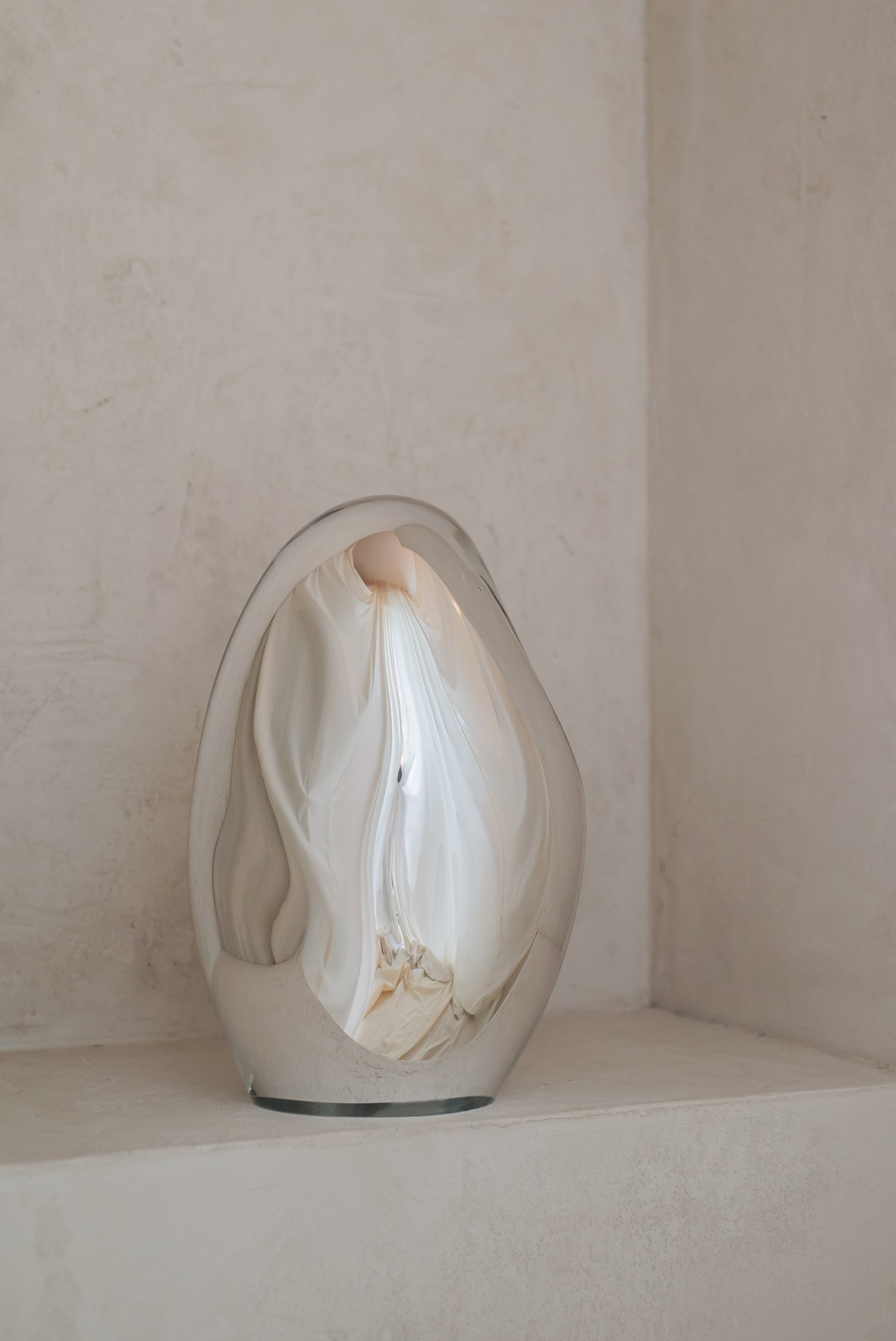 Standing Glass Sculpture - Contemporary Mirror Collection — back view reflecting soft interior light
