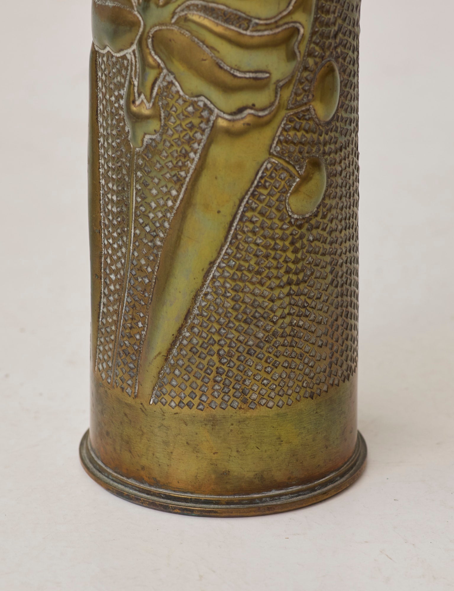 Vintage Vase in Metal Brass (hand-repoussé Iris motif) — lifestyle setting