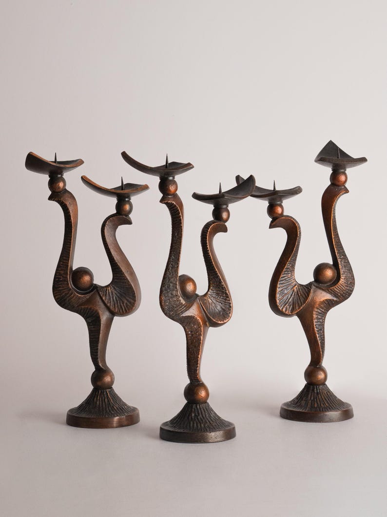 Vintage Polish Metal Candle Holders 1970s- Set of 3 — close-up of detailed bronze finish