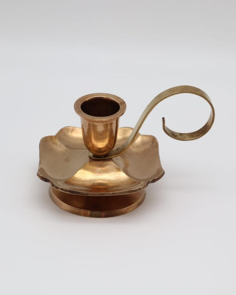 Mid-Century Scalloped Brass Chamberstick with Finger Loop Handle — detail view