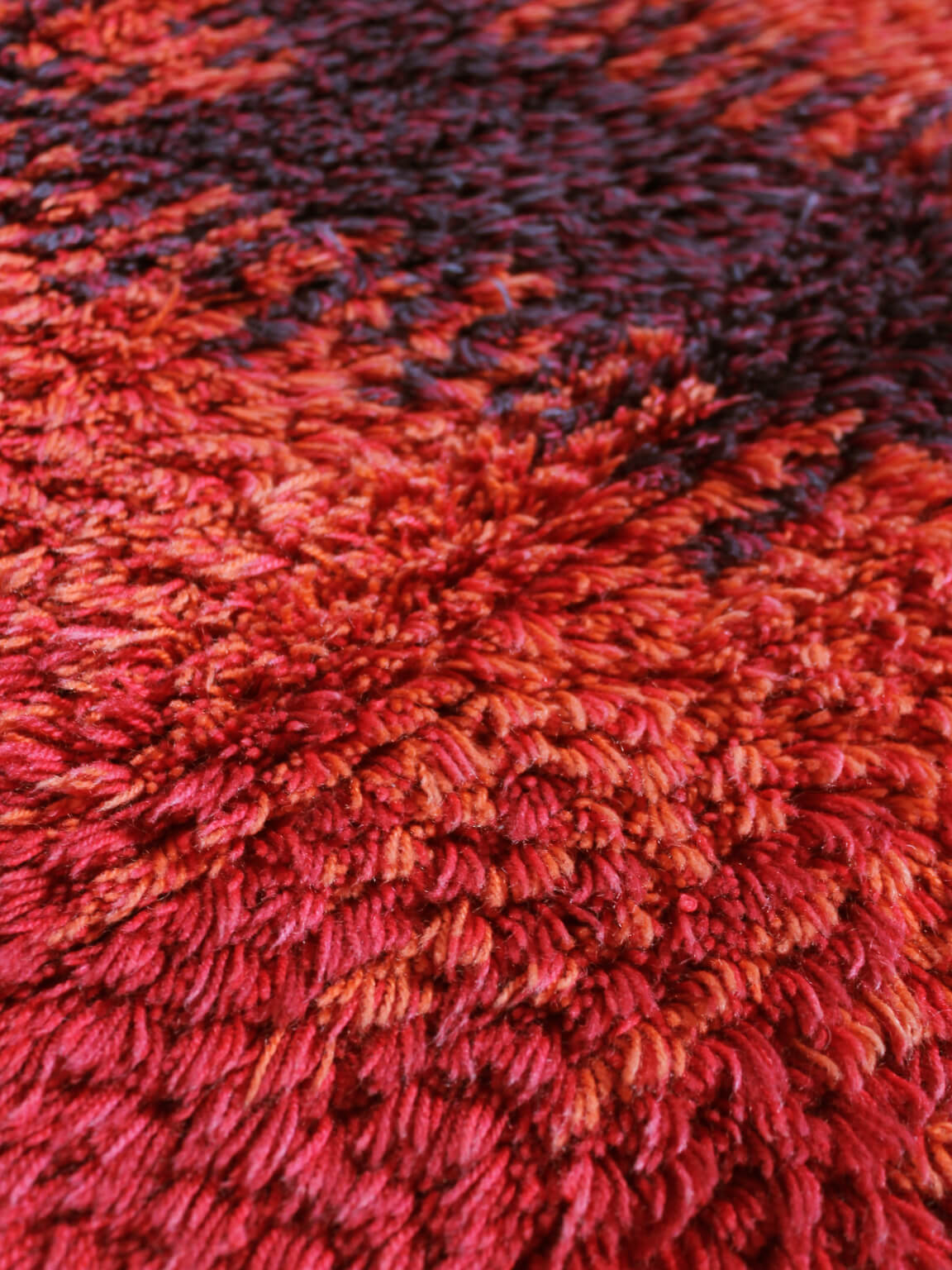 Swedish Abstract Knotted Pile Wall Wool Rug, 78x130cm — close-up of textured wool in red tones
