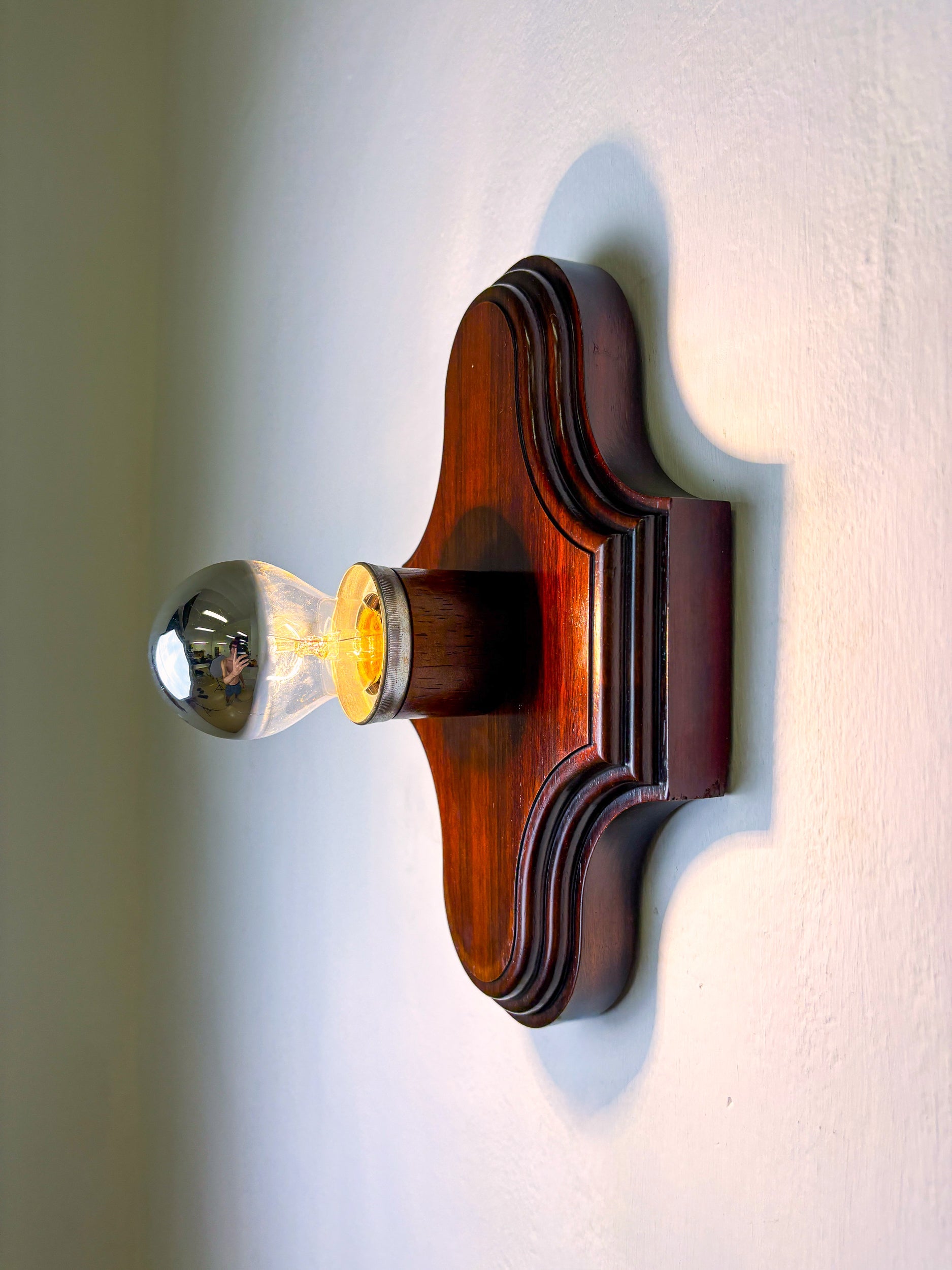 Pair of Geometric Art Deco Wall Lights, Carved wood, France, 1960s — close-up