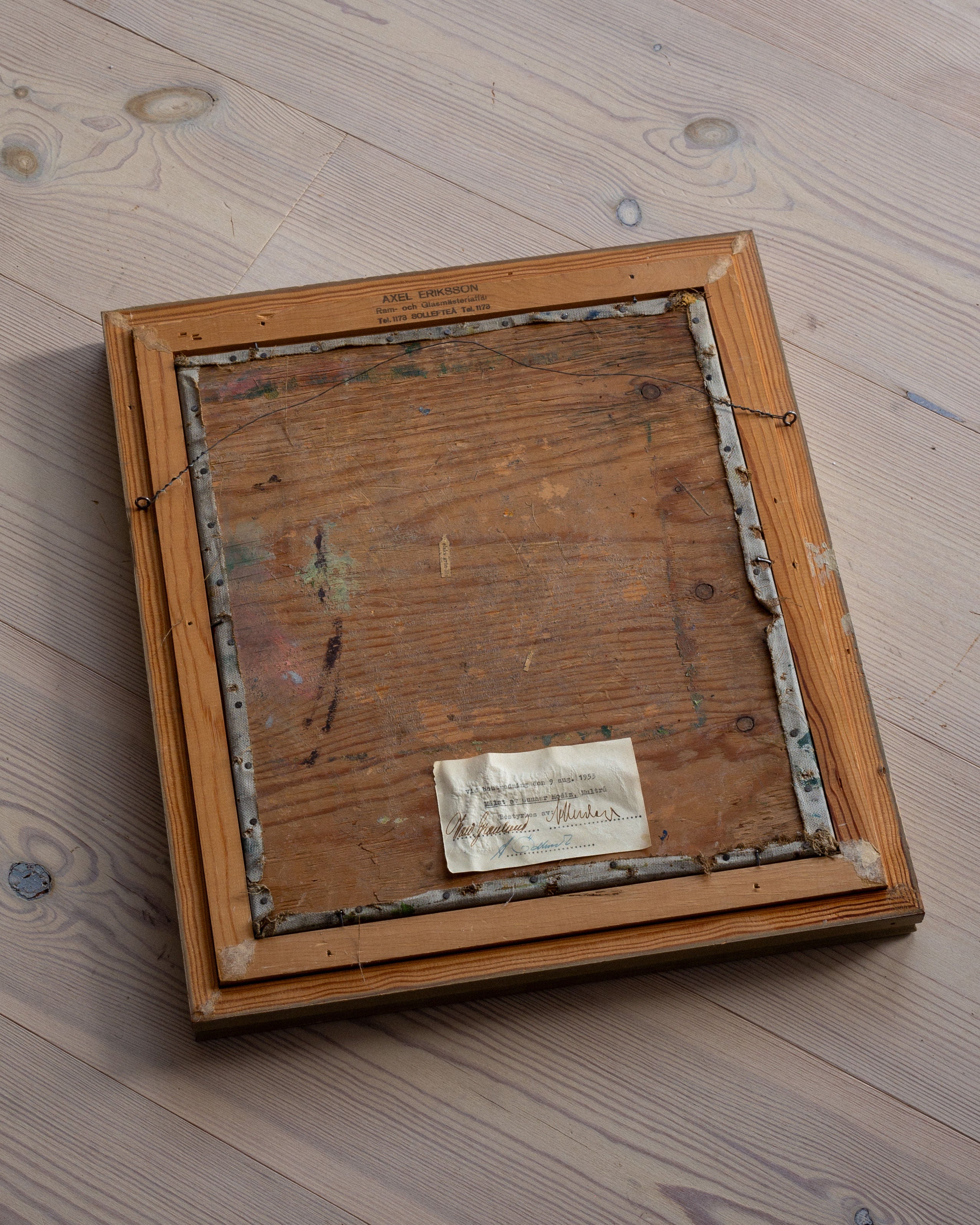 Vintage Nordic Landscape Painting, 1930s-40s — top view of wooden frame backing