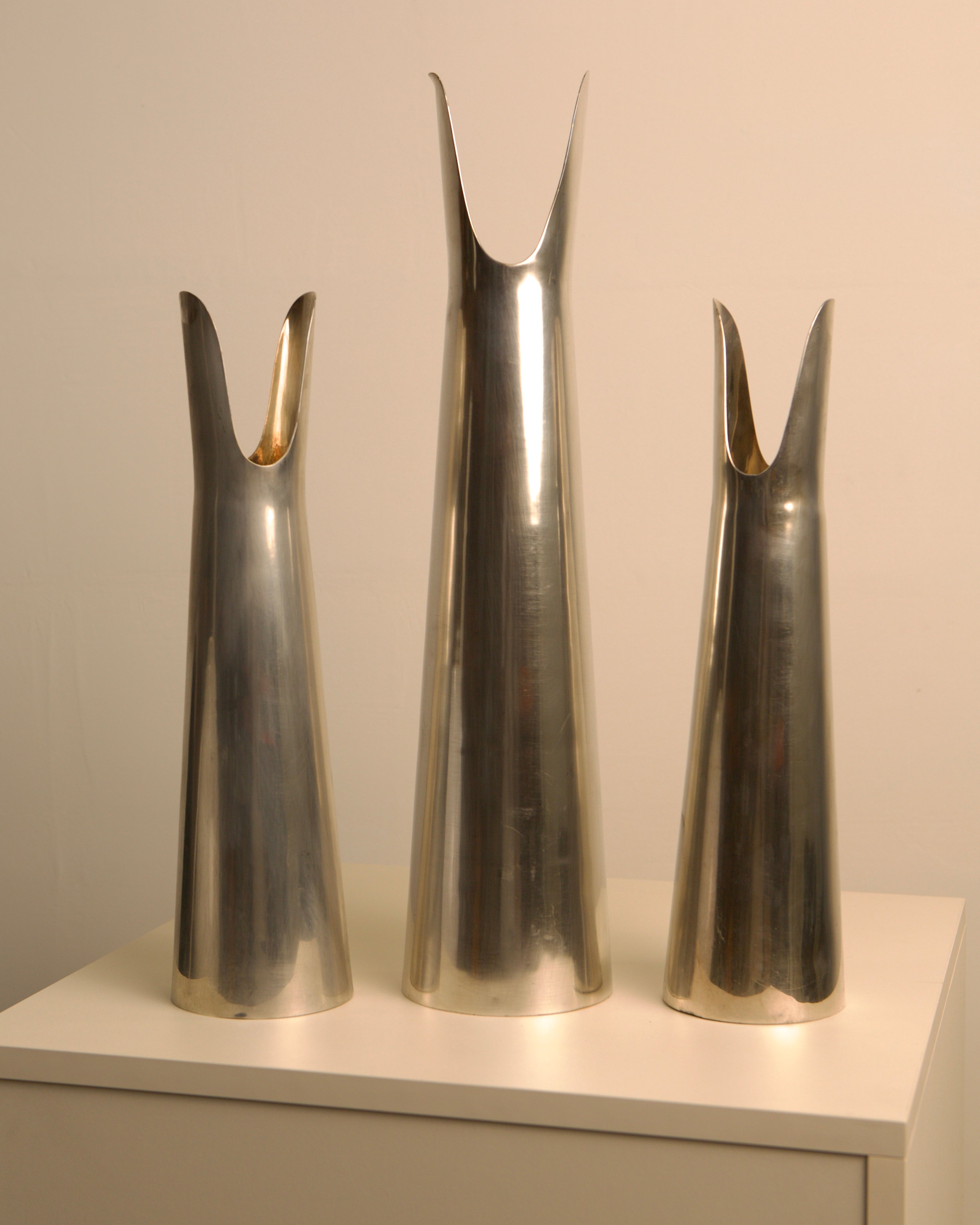 Set of 3 Italian "Organ" Vases in Silver Metal, 60s