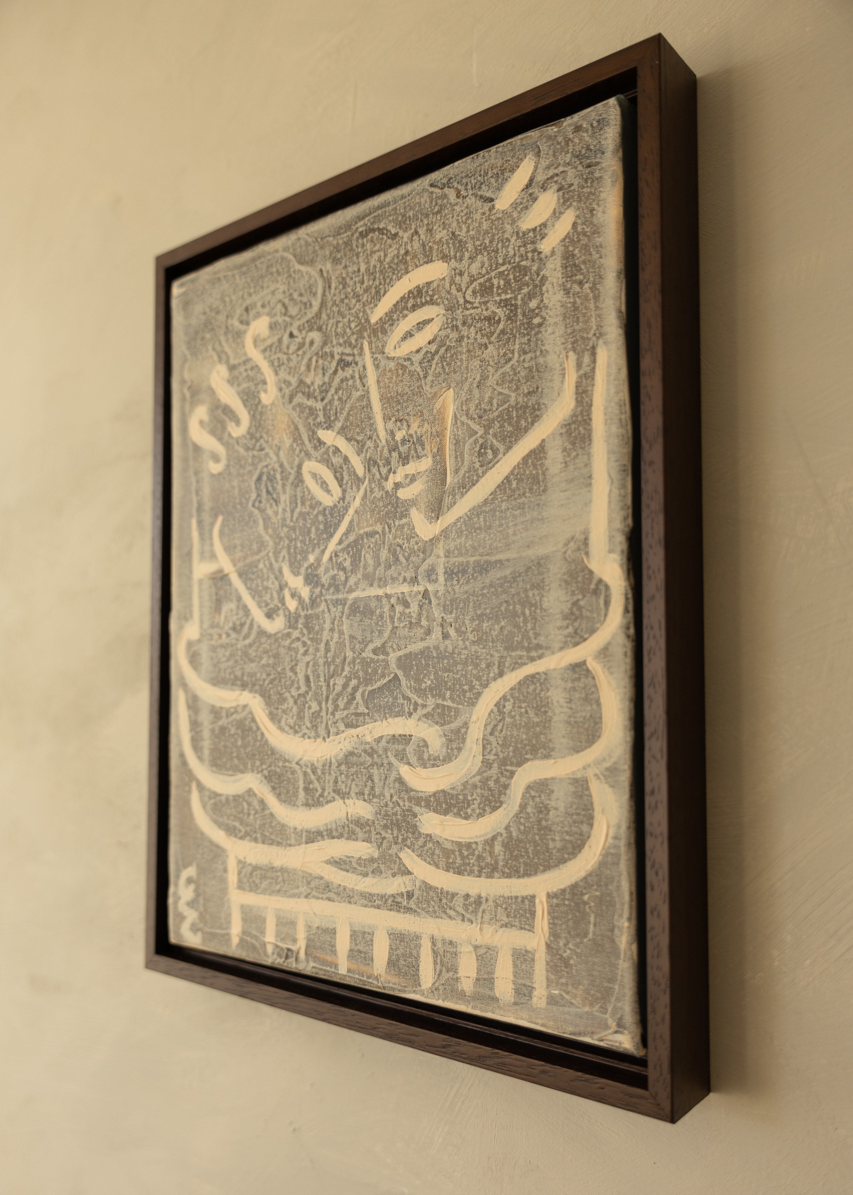 Framed abstract painting The Hug by Claire de Wolf in earthy tones