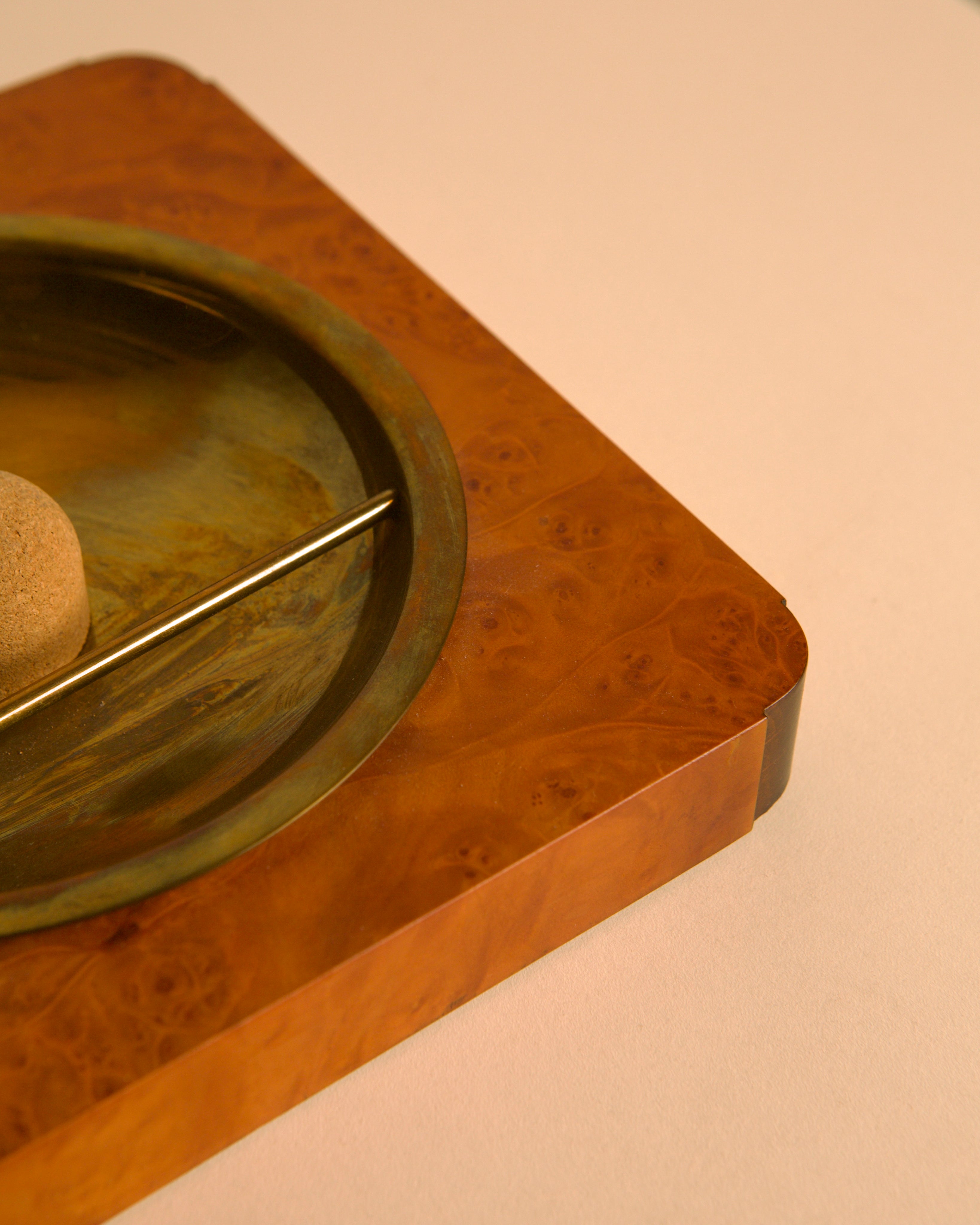 Italian Burl Wood & Brass Catchall Tray with Cork Ball, 1960s — lifestyle setting