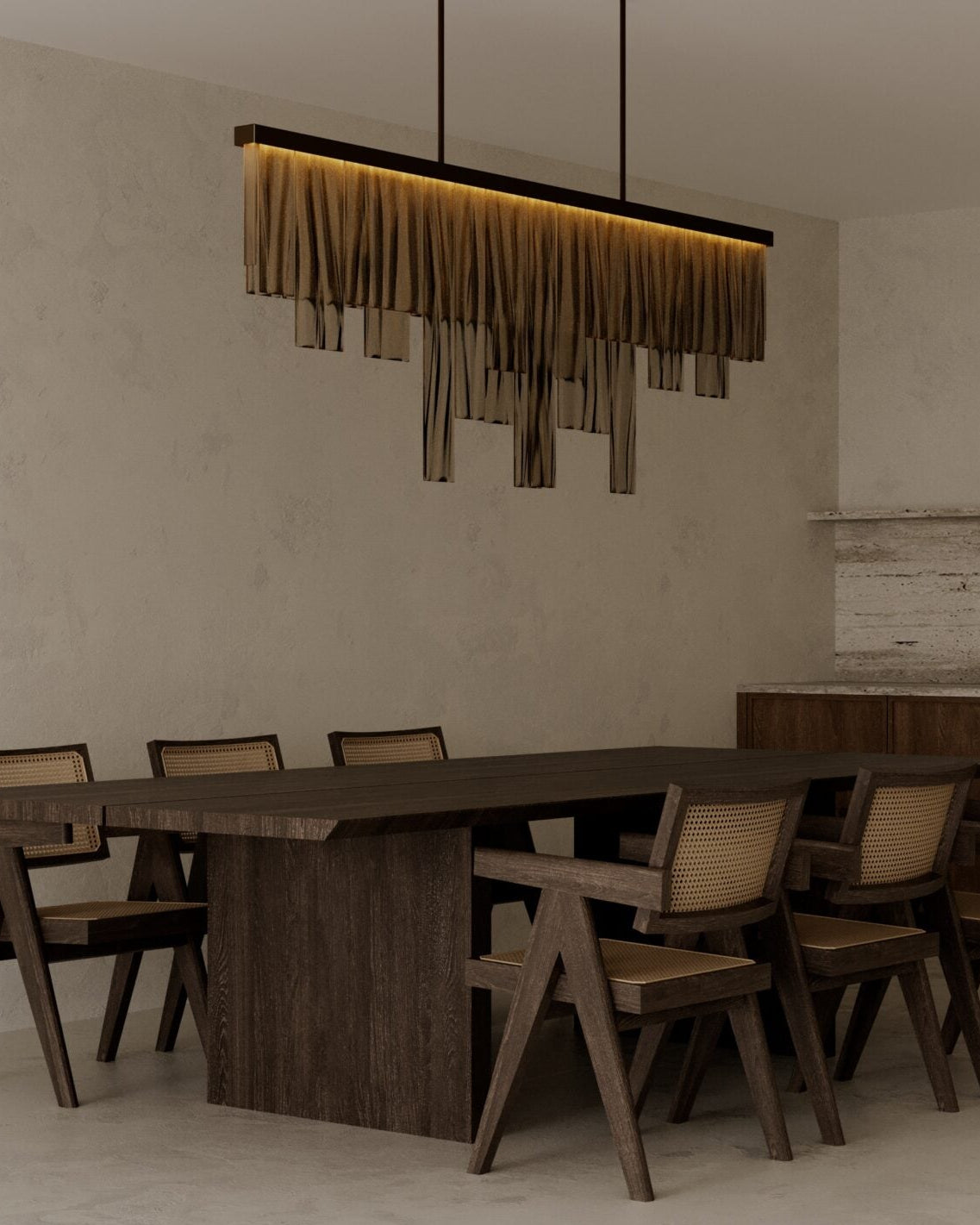 CASCATA Long With ceiling Rose — detail of pendant light above dining table