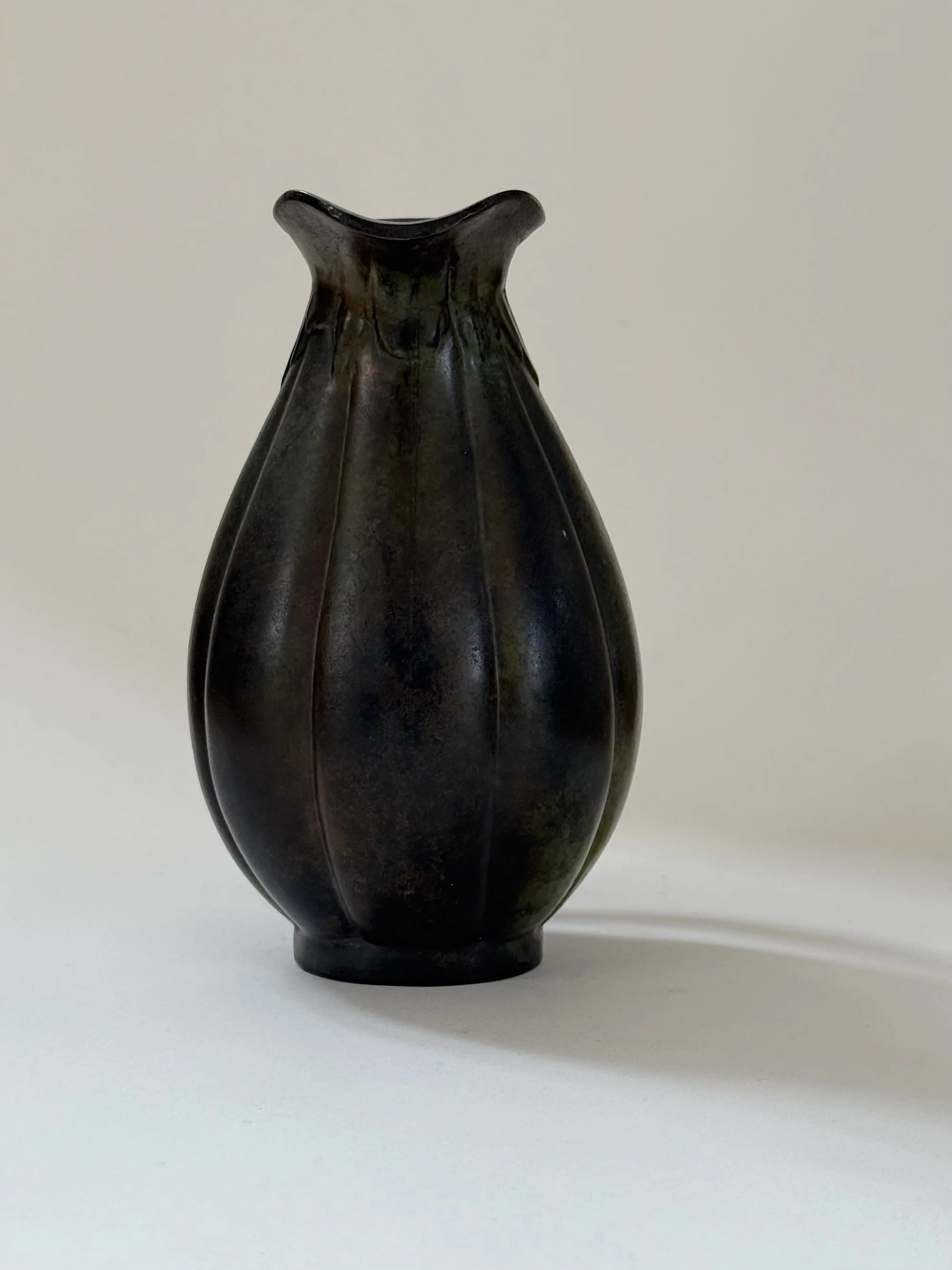 Danish Bronze Vase with Ribbed Form, 1910s — angled view showing dark bronze finish