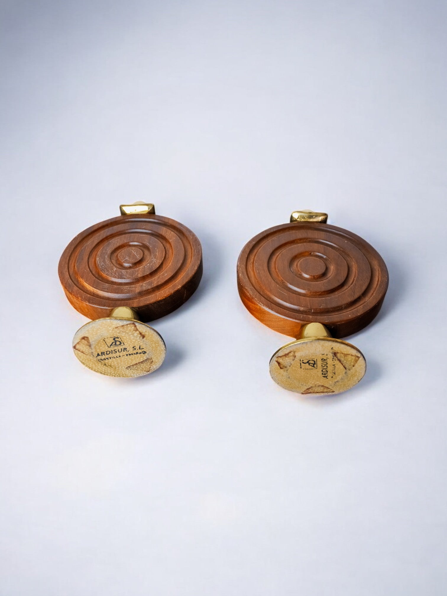 Pair of Brutalist Candleholders by Ardisur, Spain, 1970s — top view showing circular wooden bases