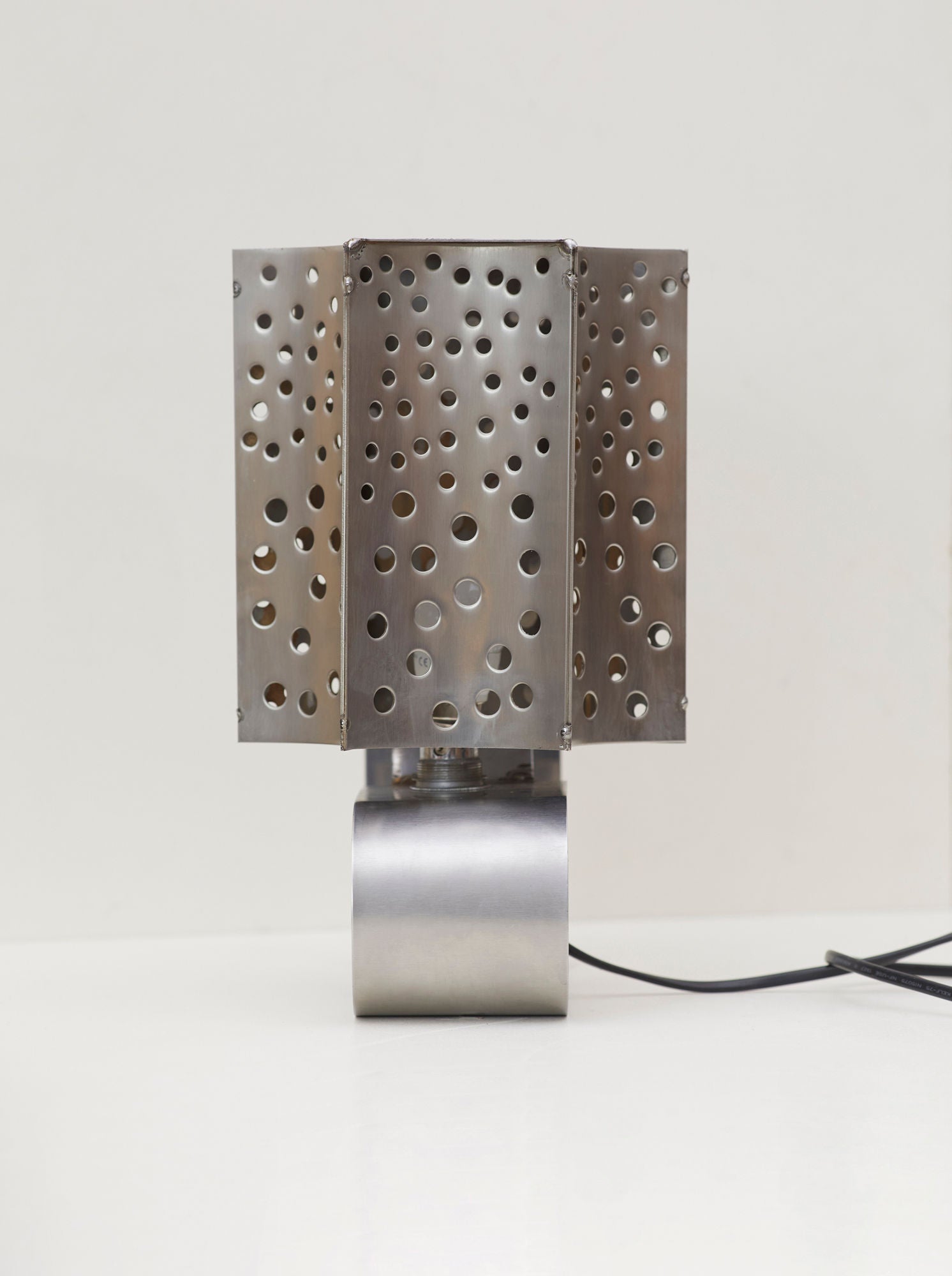 One of a Kind French Artisanal Stainless Steel Table Lamp Vintage Circa 1970 — front view highlighting perforated metal shade