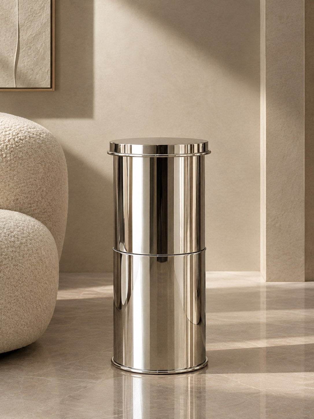 Cylindrical Side Table in Metal and mirror-polished metal - Plinth/ Pedestal — lifestyle setting