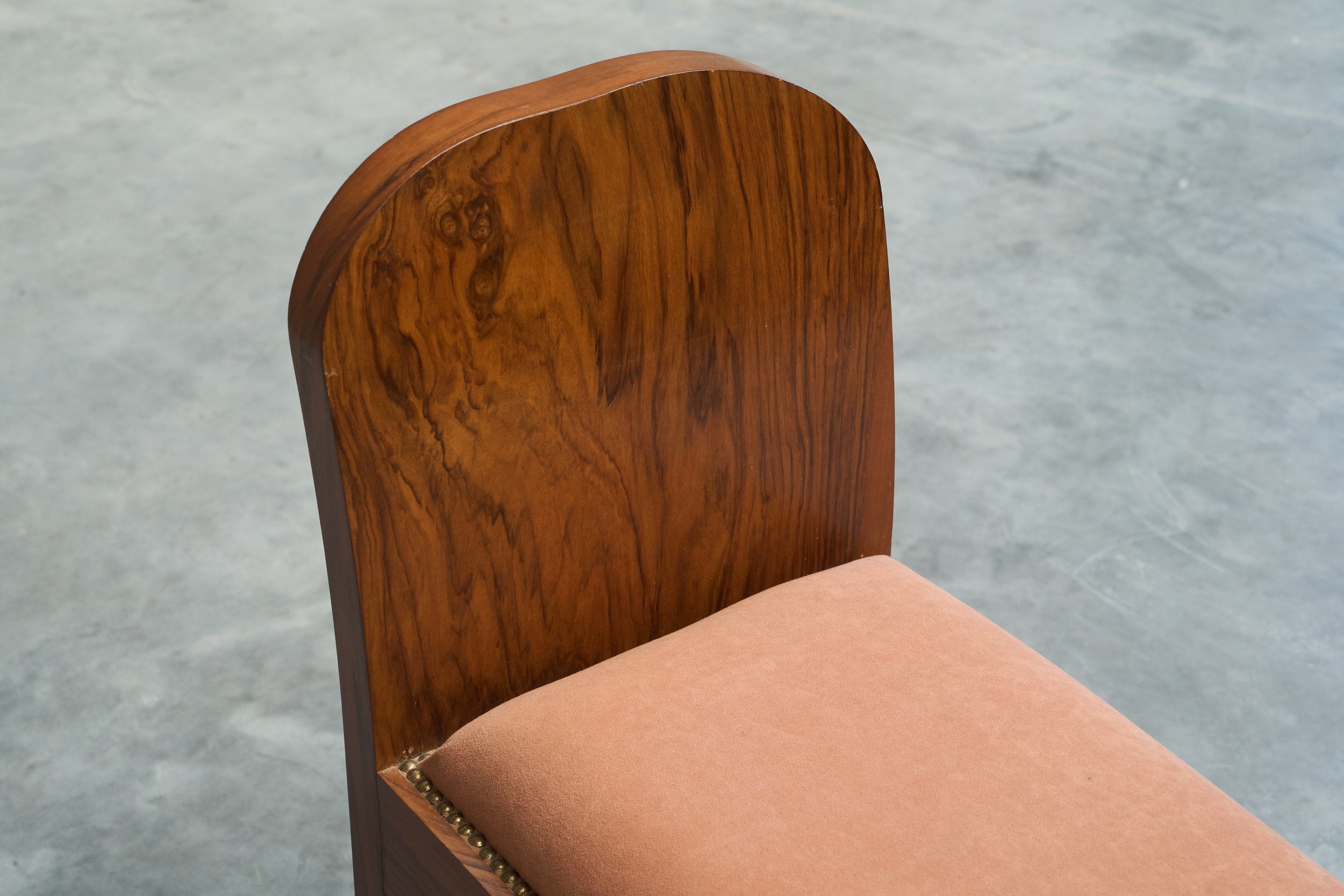Stunning Art Deco Bench in Burr Burl Walnut and Velvet — side angle