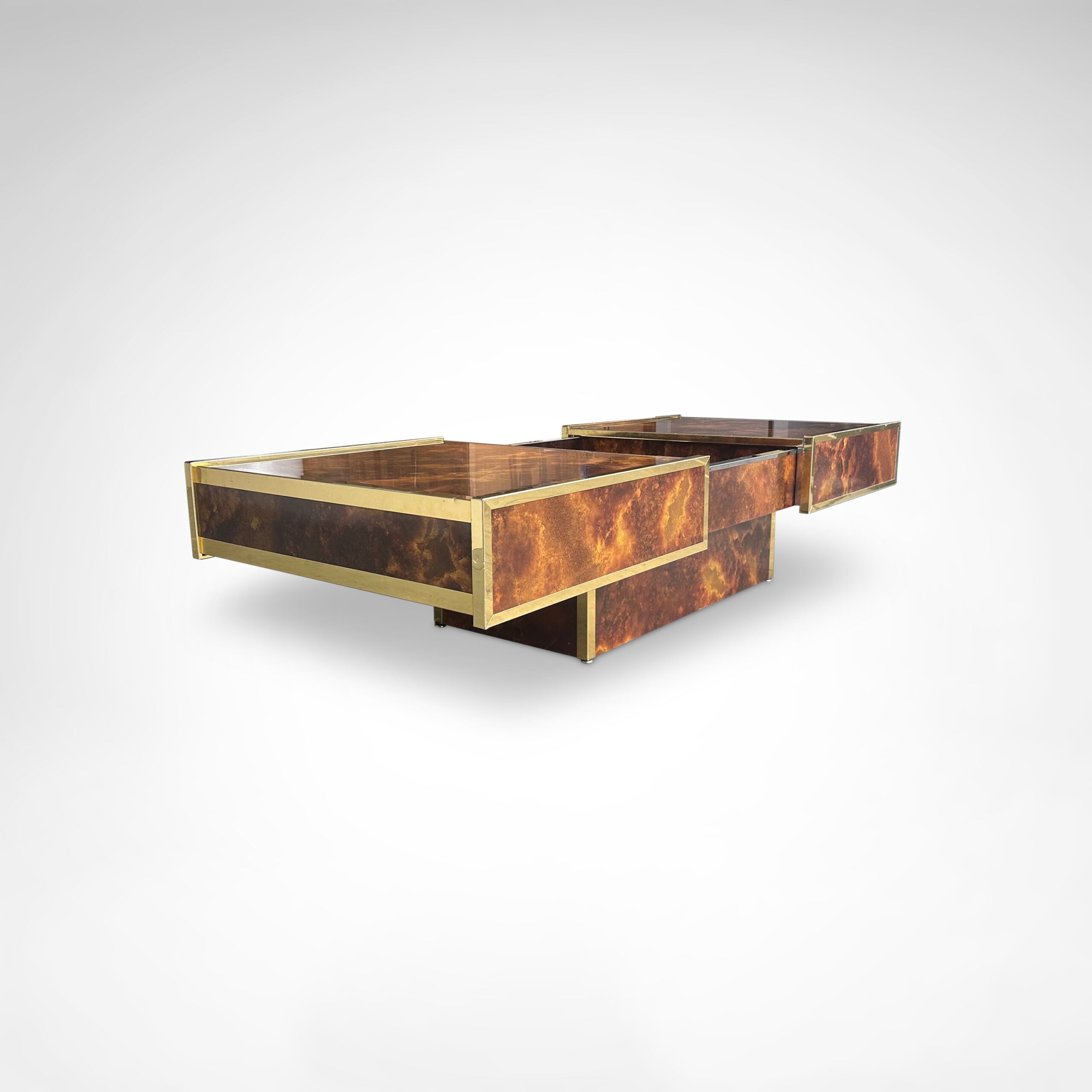 Burl Wood and Brass Coffee Table with Integrated Bar by Maison Lancel — view 9