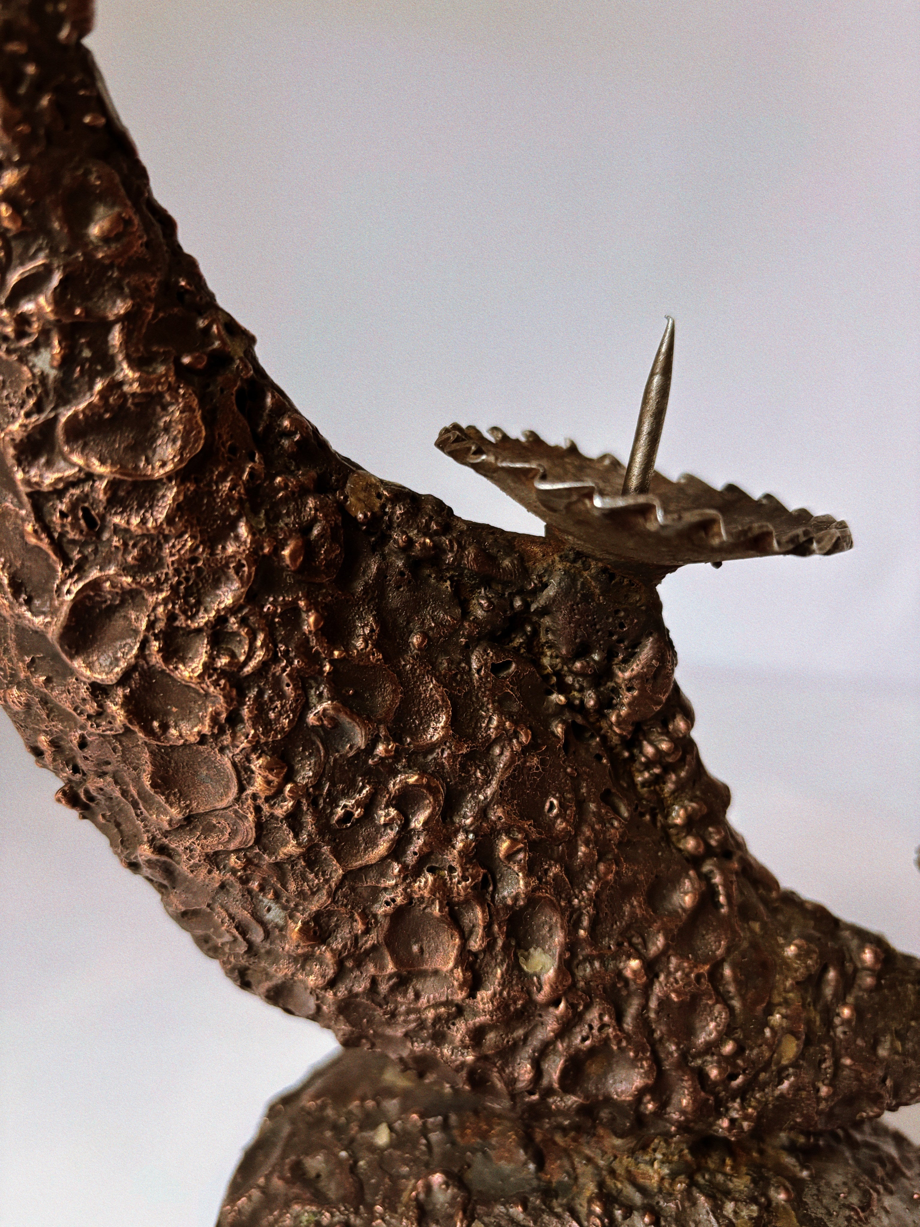 Mid Century Brutalist Candle Holder in Metal, Poland — top view highlighting textured bronze finish