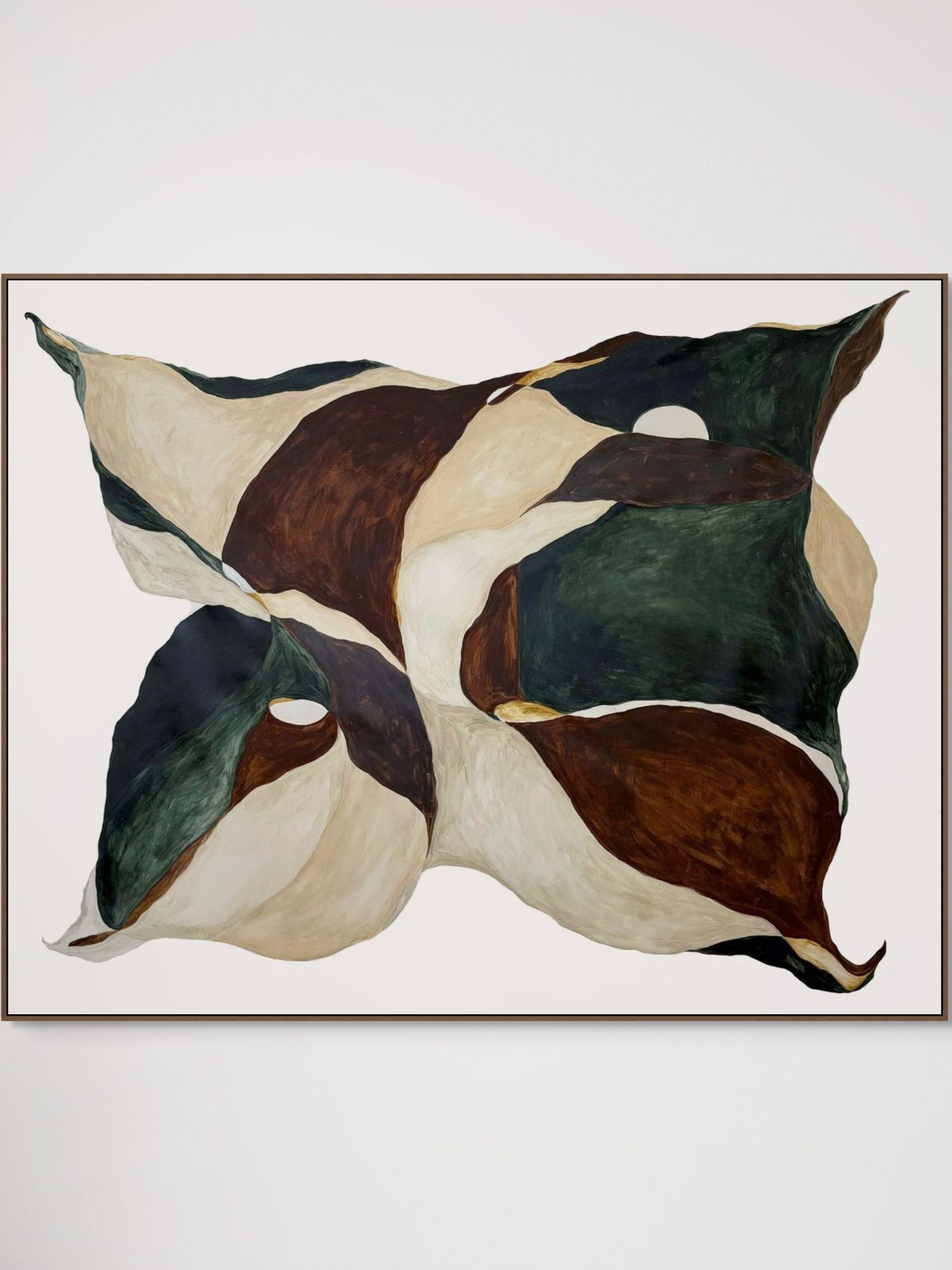 Pace" by Anna Mörner is an abstract painting with curved, botanical forms in earthy brown, beige, green, and cream on white. Symmetrical organic shapes flow within a sleek floating frame.