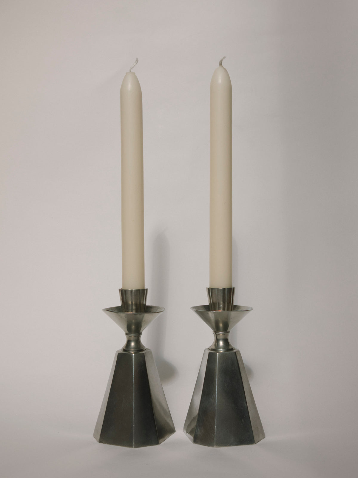 Pair of GAB Tenn Faceted Pewter Candlesticks | Sweden 1960 — side angle