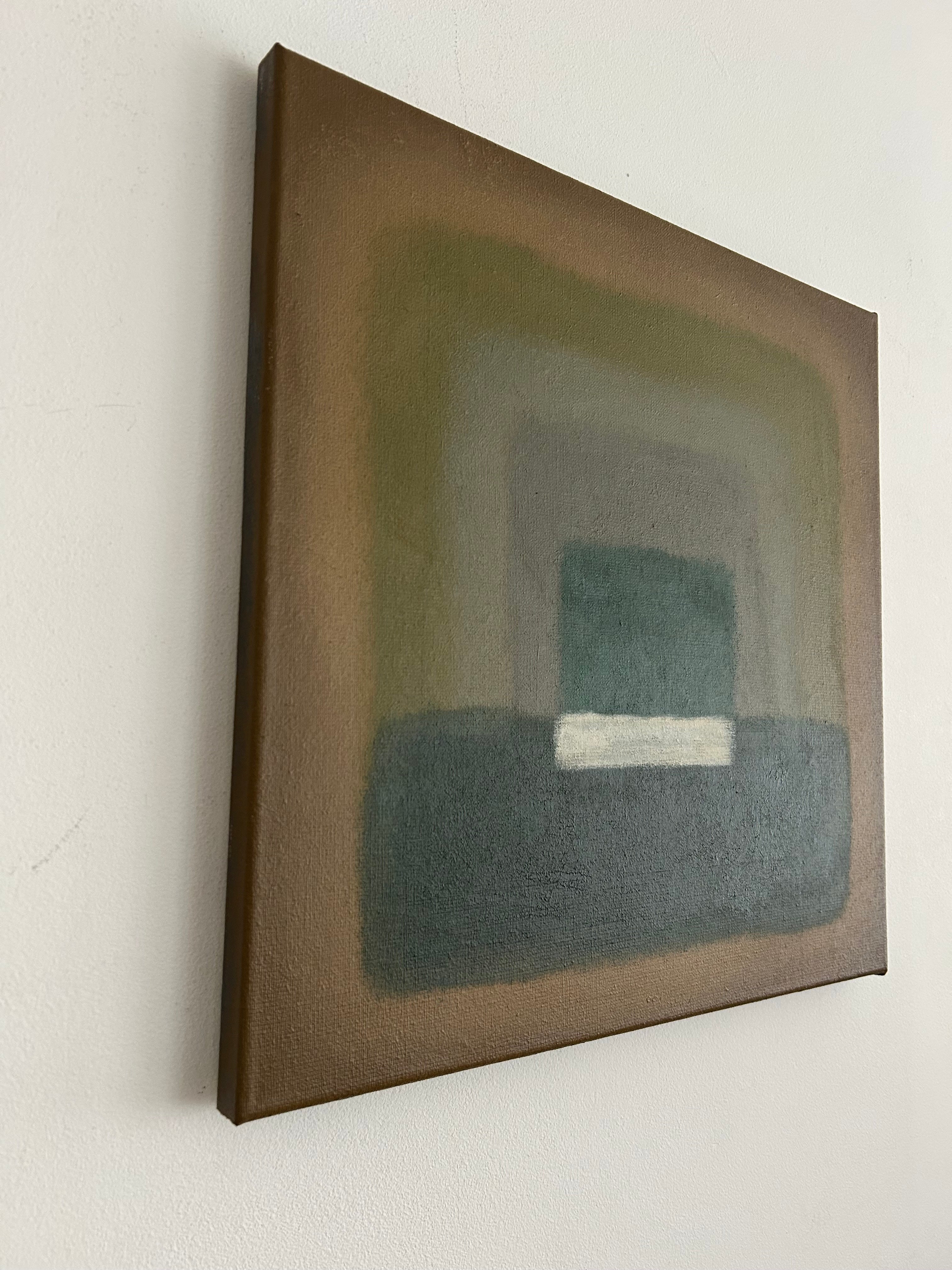Forrest Walk Painting" by Iris Bavelaar hangs on a white wall, displaying abstract layered rectangles in earthy brown, green, and gray hues with a small white rectangle near the center bottom.