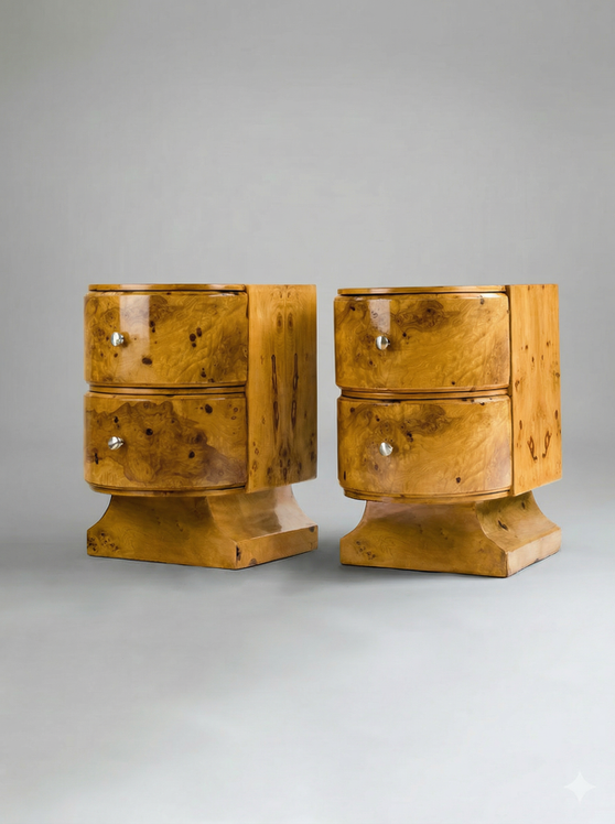 Jumeaux' Olive Burl Bedside Table — front view highlighting natural wood grain