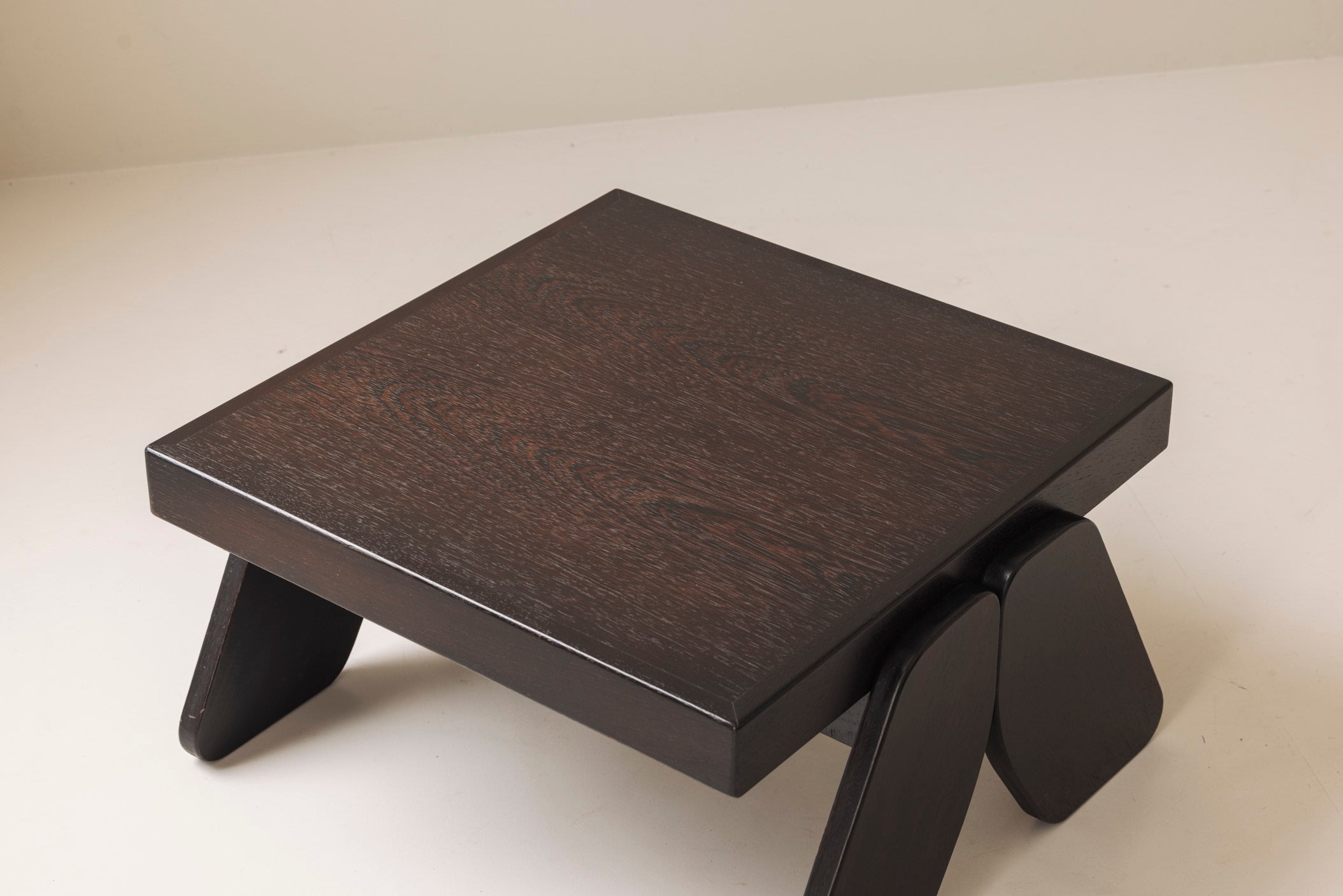 French brutalist coffee table in wenge, 1970s — close-up