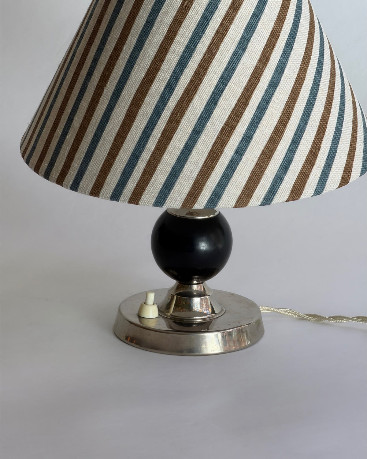 Swedish vintage Art Deco metal and wood table lamp  — side angle