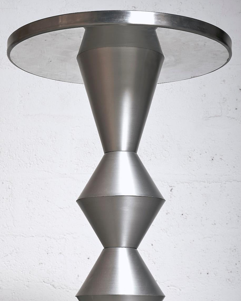 Bar Table by James Irvine for Metals Milano — side angle showing brushed metal finish