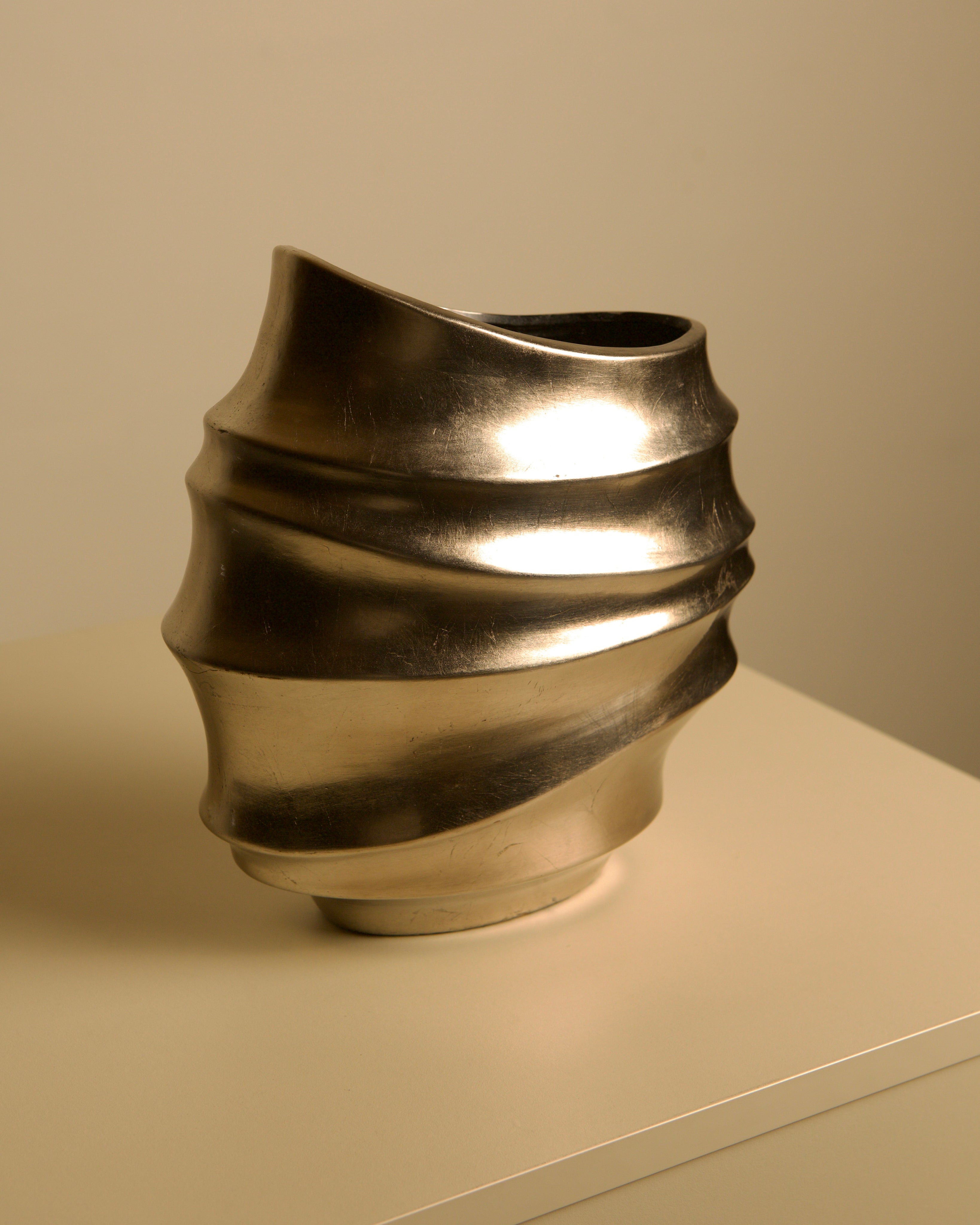 Large Italian Ceramic Vase "Draped" 80s — close-up of metallic surface texture