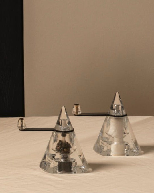 Vintage Modernist Pepper & Salt in Acrylic Glass by Les Objets Amsterdam | The Oblist — clear acrylic, modern design