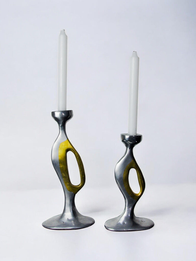 Brutalist Candle Holders by Léopold Spain, 1970 — close-up of metallic surface with yellow accents