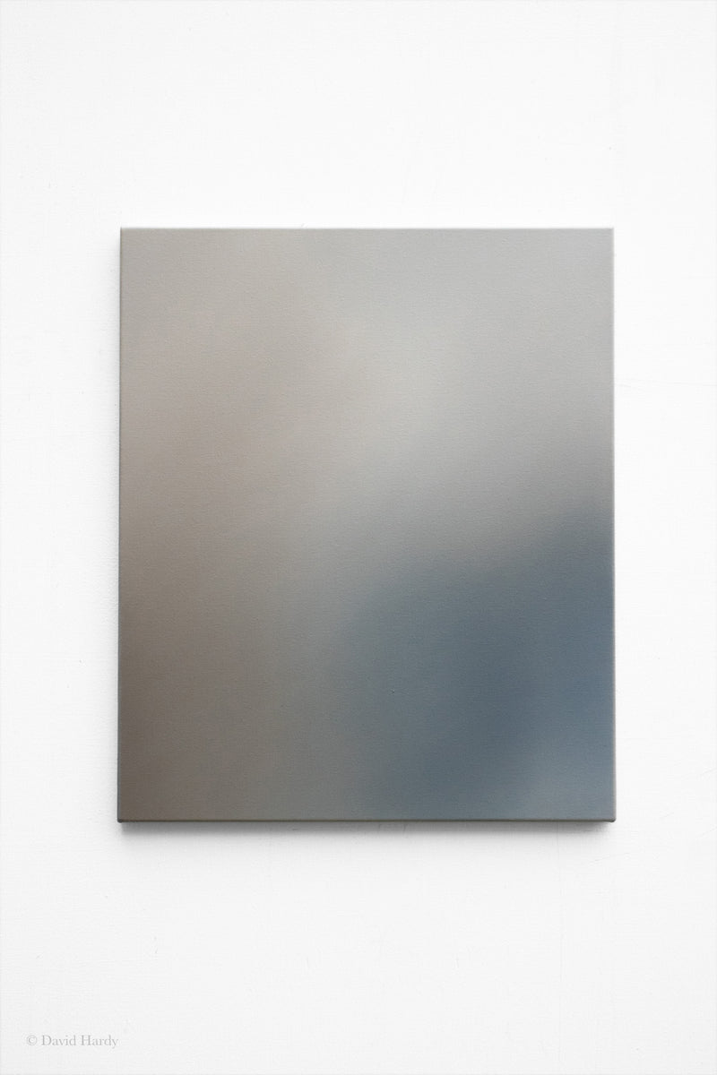 Abstract oil painting with soft gray and blue gradient tones