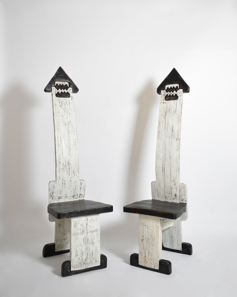 Pair of Bicolor Tainted Wood Chairs Totems, 1980s by Barracuda Interiors | The Oblist