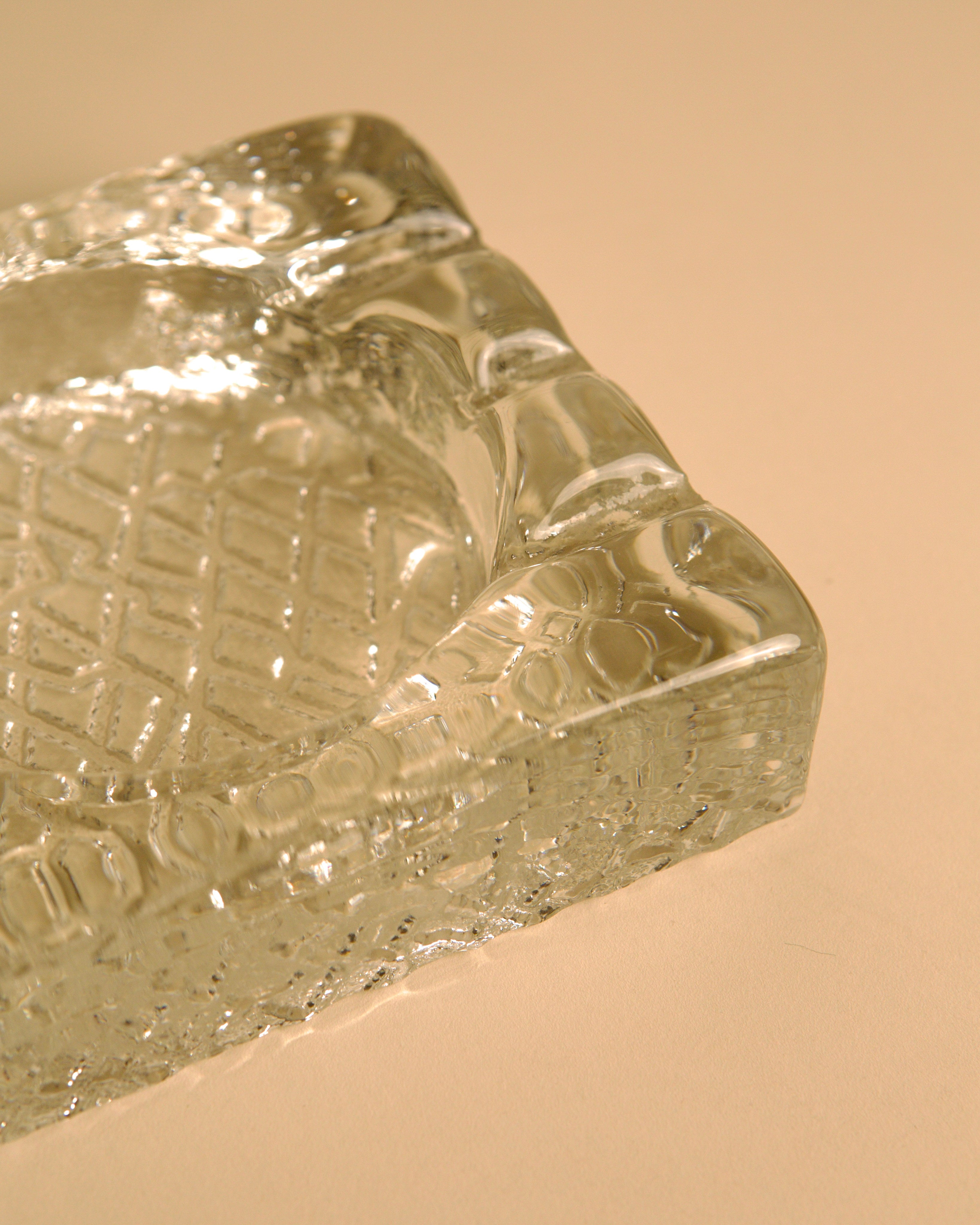 Large Italian Ashtray Murano glass, 1980s — angled view highlighting clear glass texture