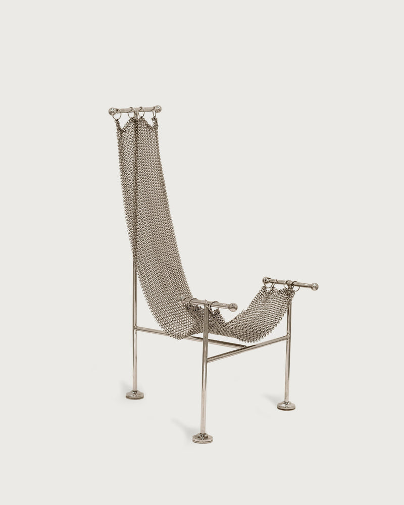 Modern chainmail steel sculptural chair with tubular frame