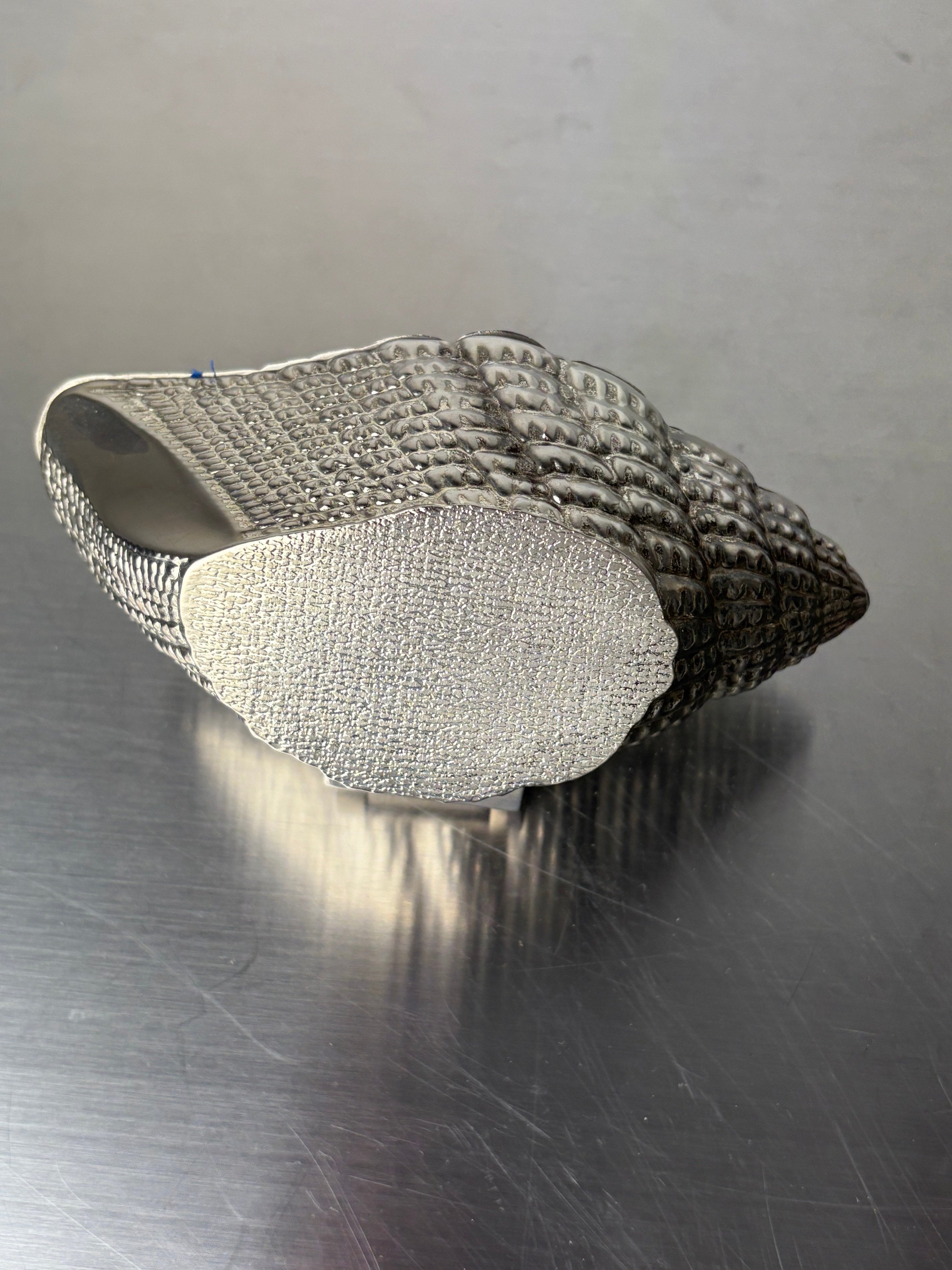 Shell Jewelry Box, Italy, 1970's — top view showing textured silver surface