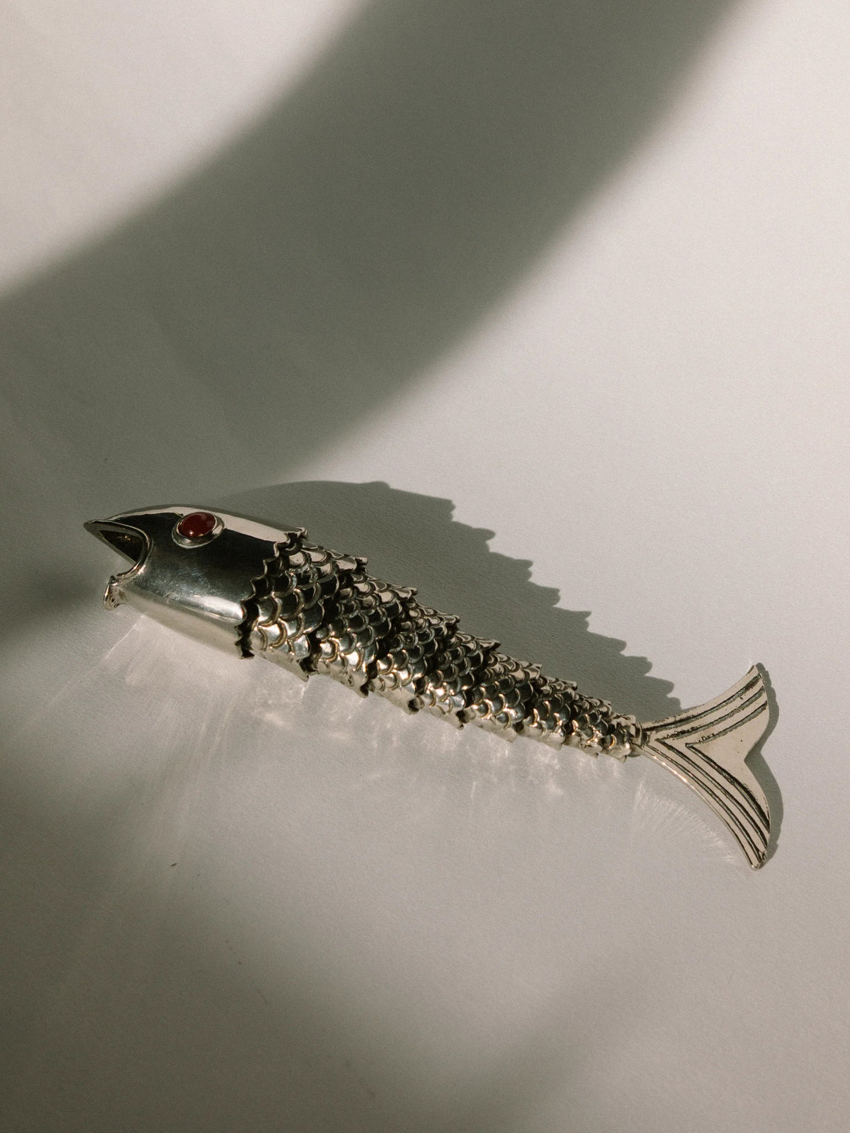 Vintage French Articulated Silver-Plated Fish Bottle Opener c. 1970s — close-up