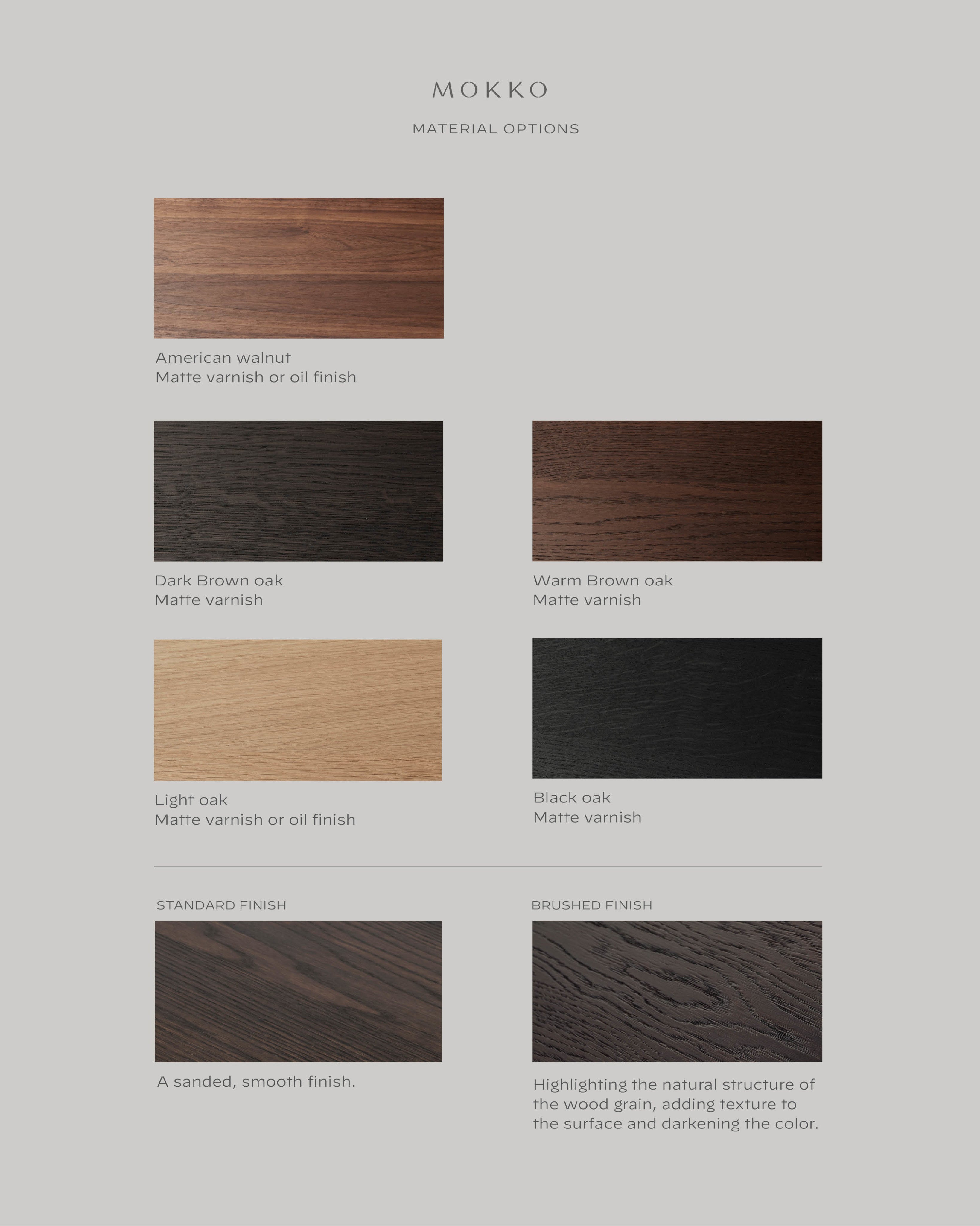 Aperta Console — material options for walnut and oak finishes