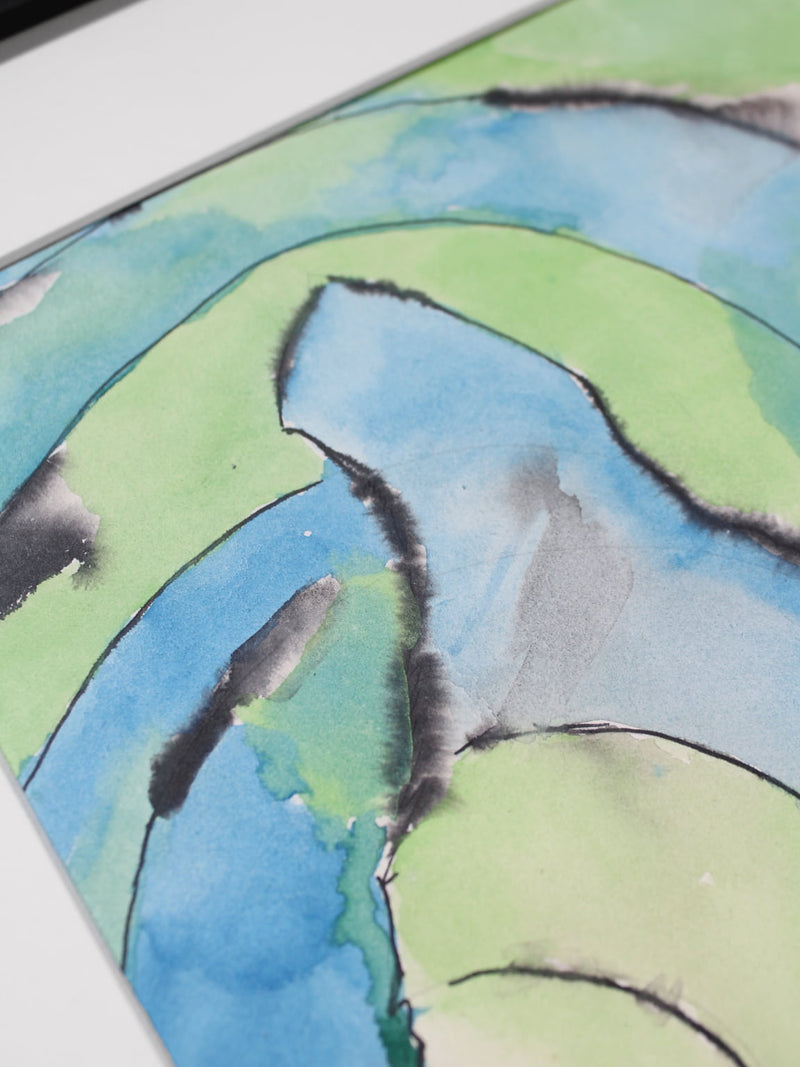 Abstract Still Life #3, 32x32cm, Watercolour, Ink — close-up of vibrant blue and green brush strokes
