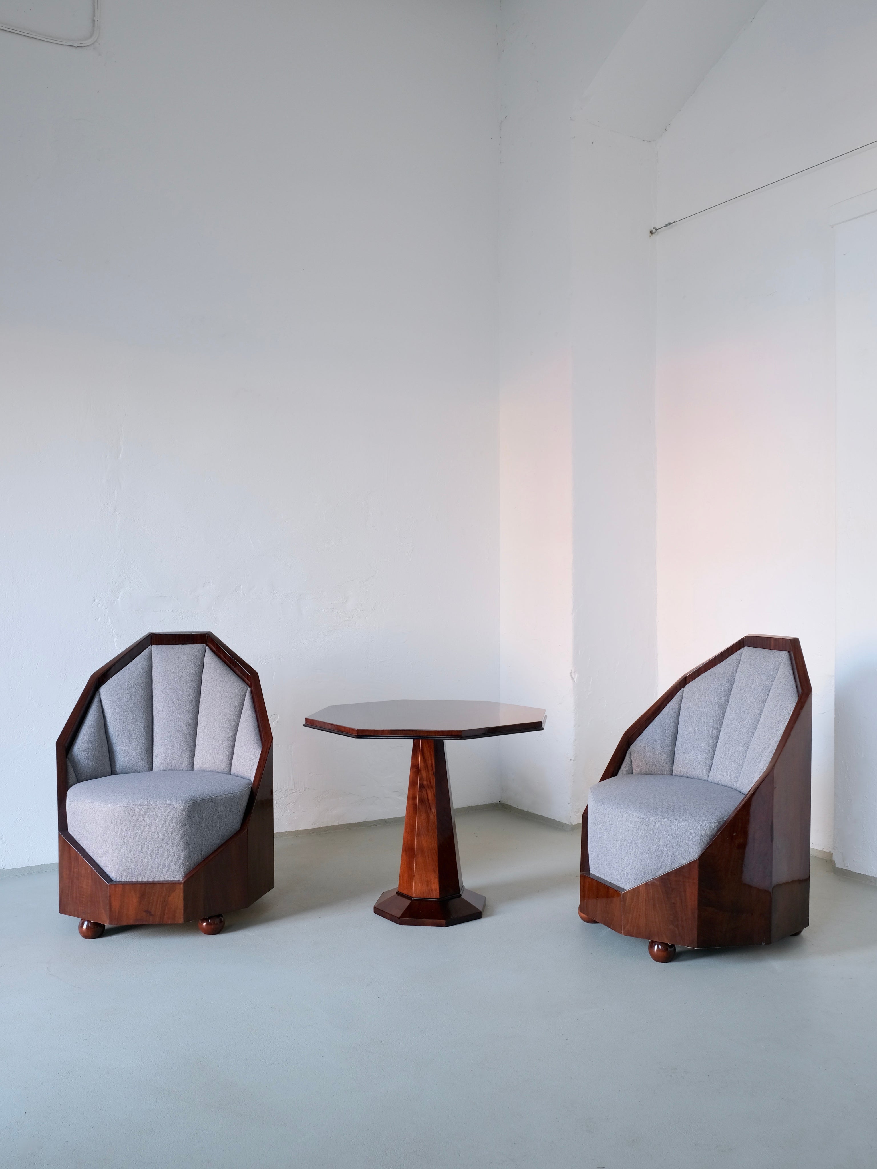 Leon-Emile Bouchet Art Deco Lounge Set, 1930s — side angle of armchair with gray upholstery