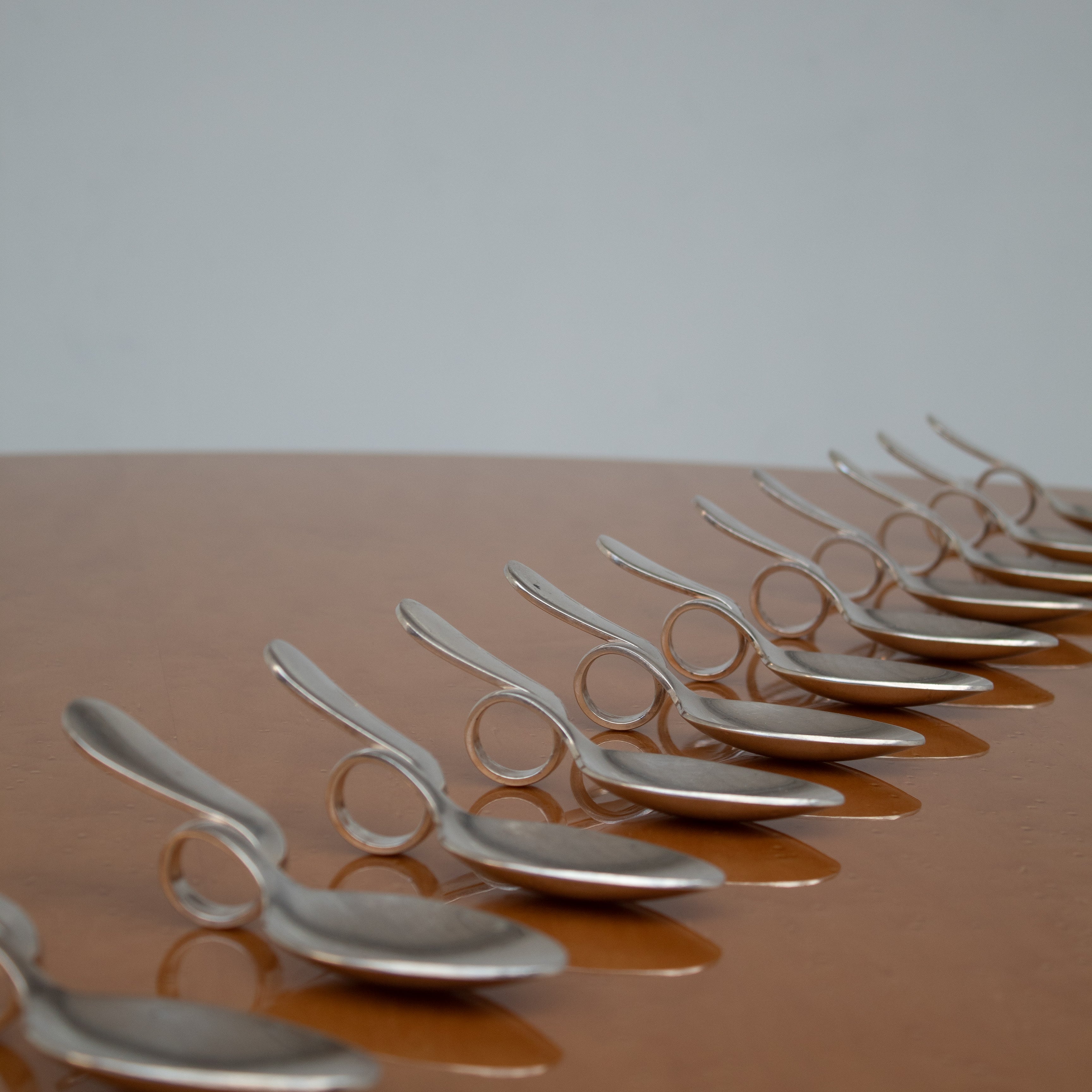 Set of 12 Tasting Spoons by Broggi Milano — side angle on copper surface