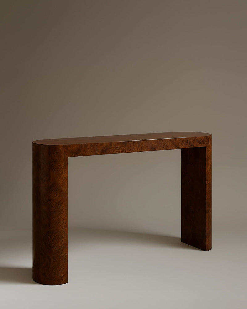 Luna Console Burl Wood — close-up of rich brown burl wood surface