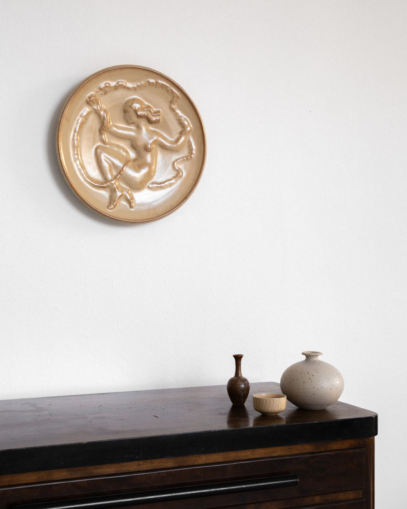 Large Art Deco Wall Plate by Wäinö Aaltonen, 1930s — close-up of textured ceramic surface on wall