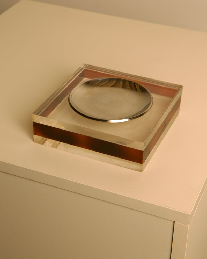 Square Italian Trinket Tray in Smoked Plexiglass, 70s by Treaptyque | The Oblist — vintage smoked plexiglass design