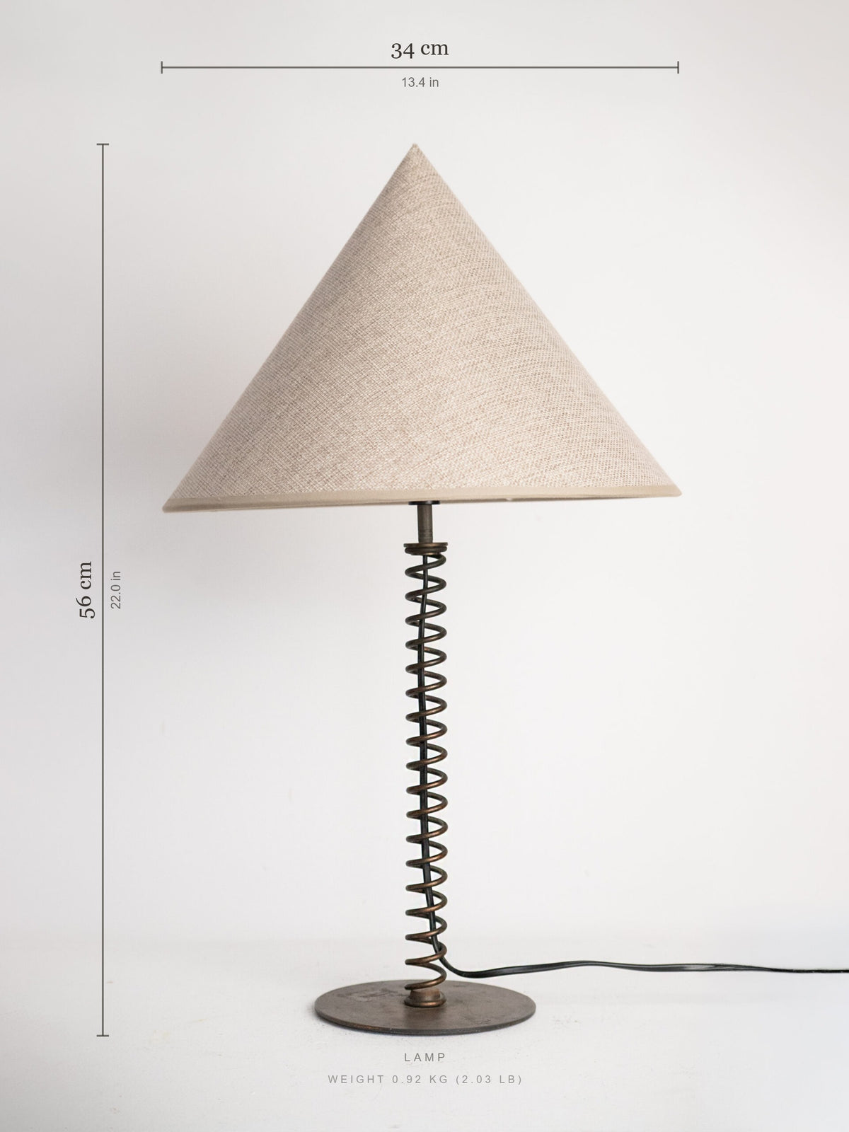 Coil Spring Table Lamp in Patinated Iron with Linen Shade, European, Second Half of the 20th Century — side angle