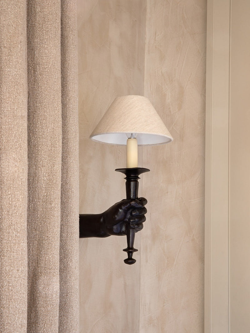Hand-Torch Wall Light by THE LAB BY MARTA DE LA RICA | The Oblist — black metal, fabric shade
