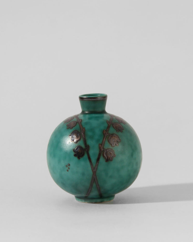Wilhelm Kåge "Argenta" Lily Of The Valley Miniature Ceramic Vase, 1930s — close-up showing turquoise glaze and floral detail