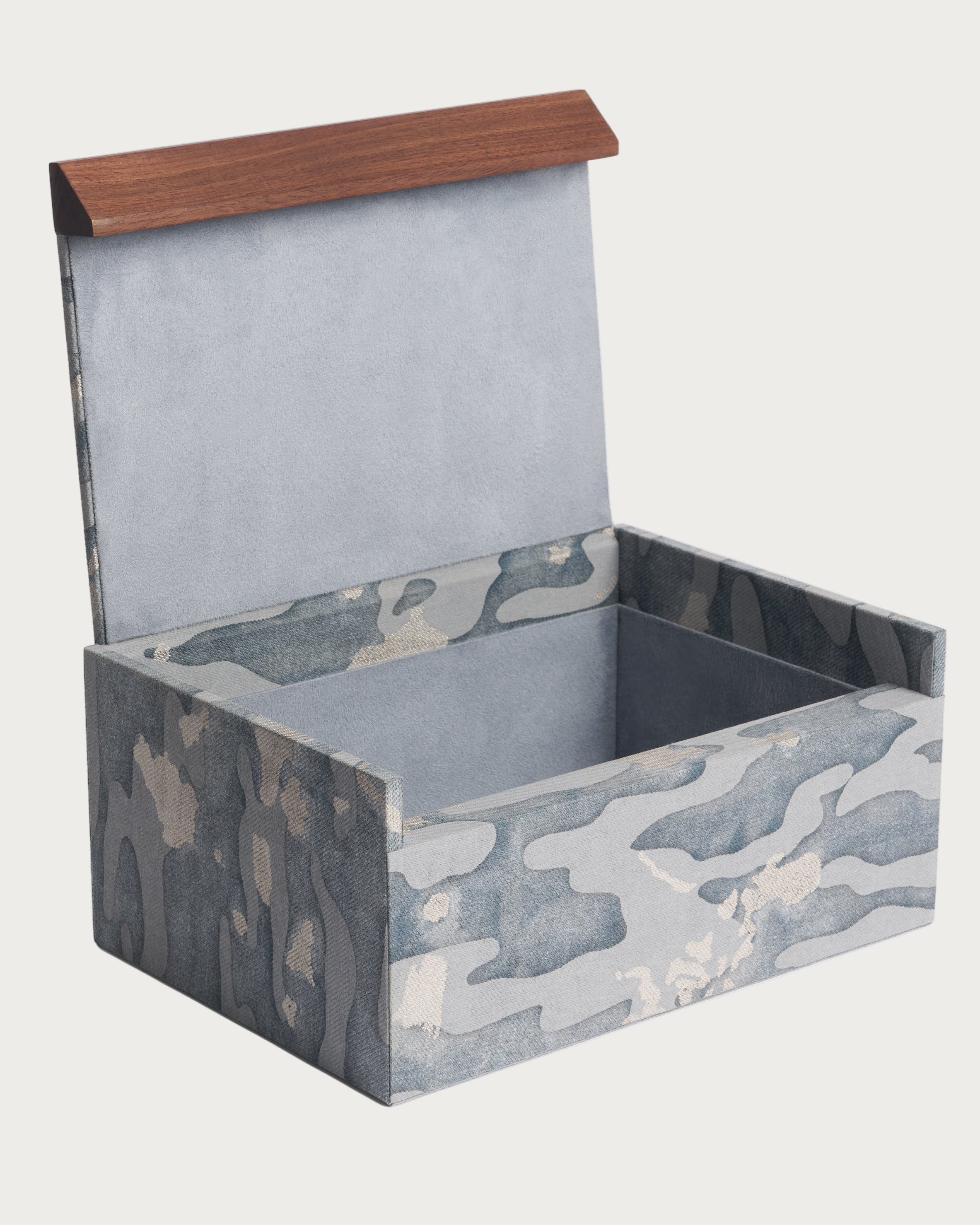 Fortuny Box - Camo Isole/Faded Blue — open view showing suede interior