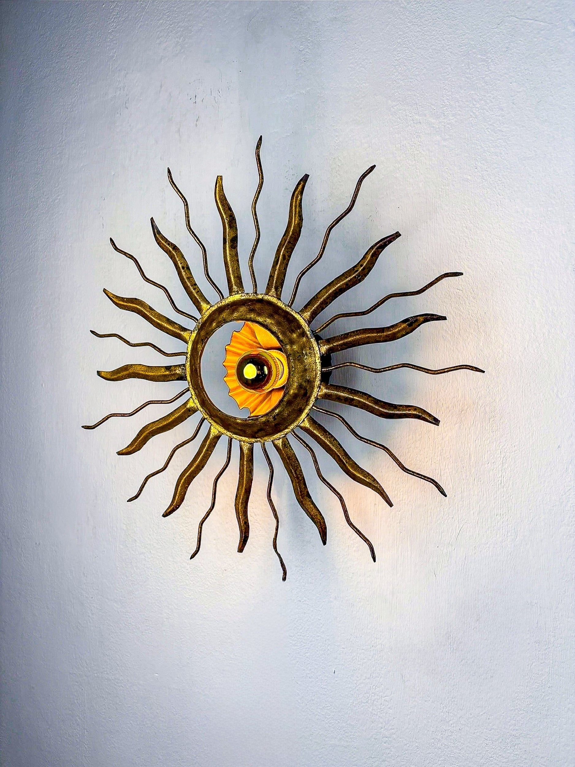 Brutalist Sunburst Ceiling Light – Gilt Iron Rays & Exposed Bulb, France, 1960s — lifestyle setting