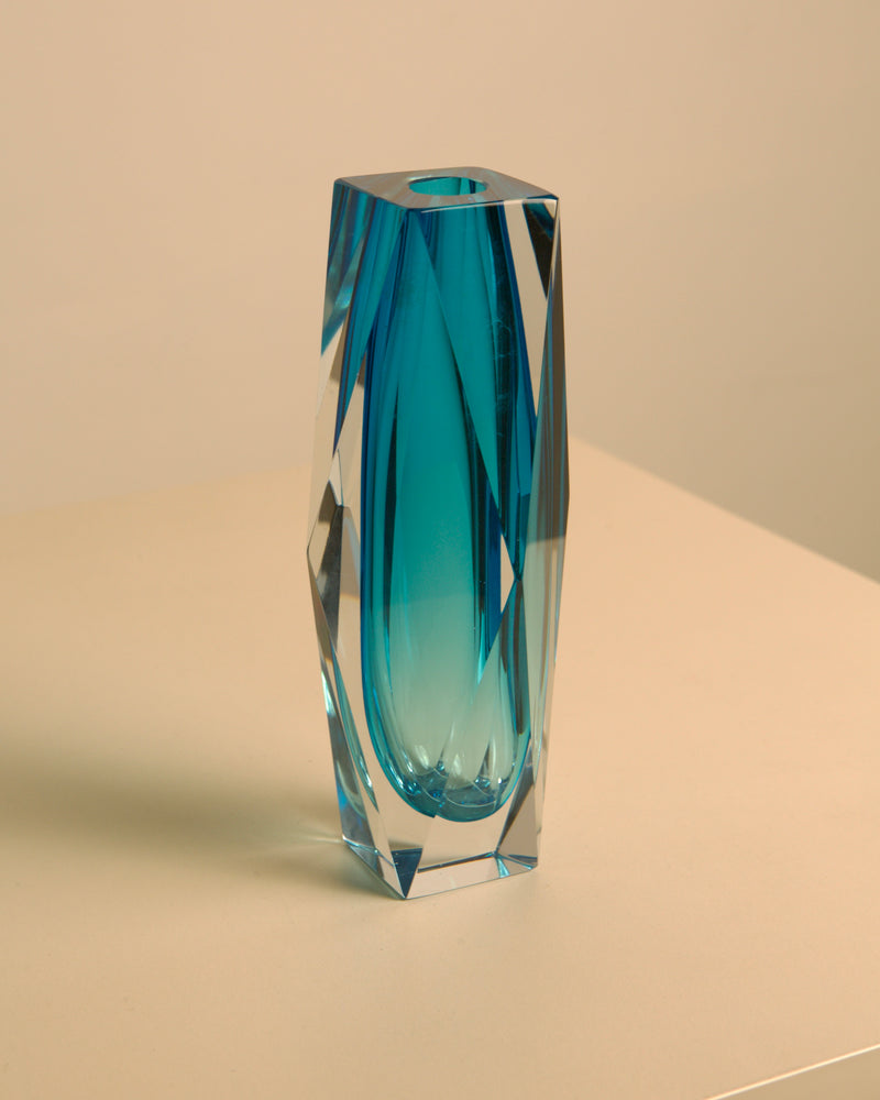 Turquoise Murano glass vase with faceted crystal form by Seguso