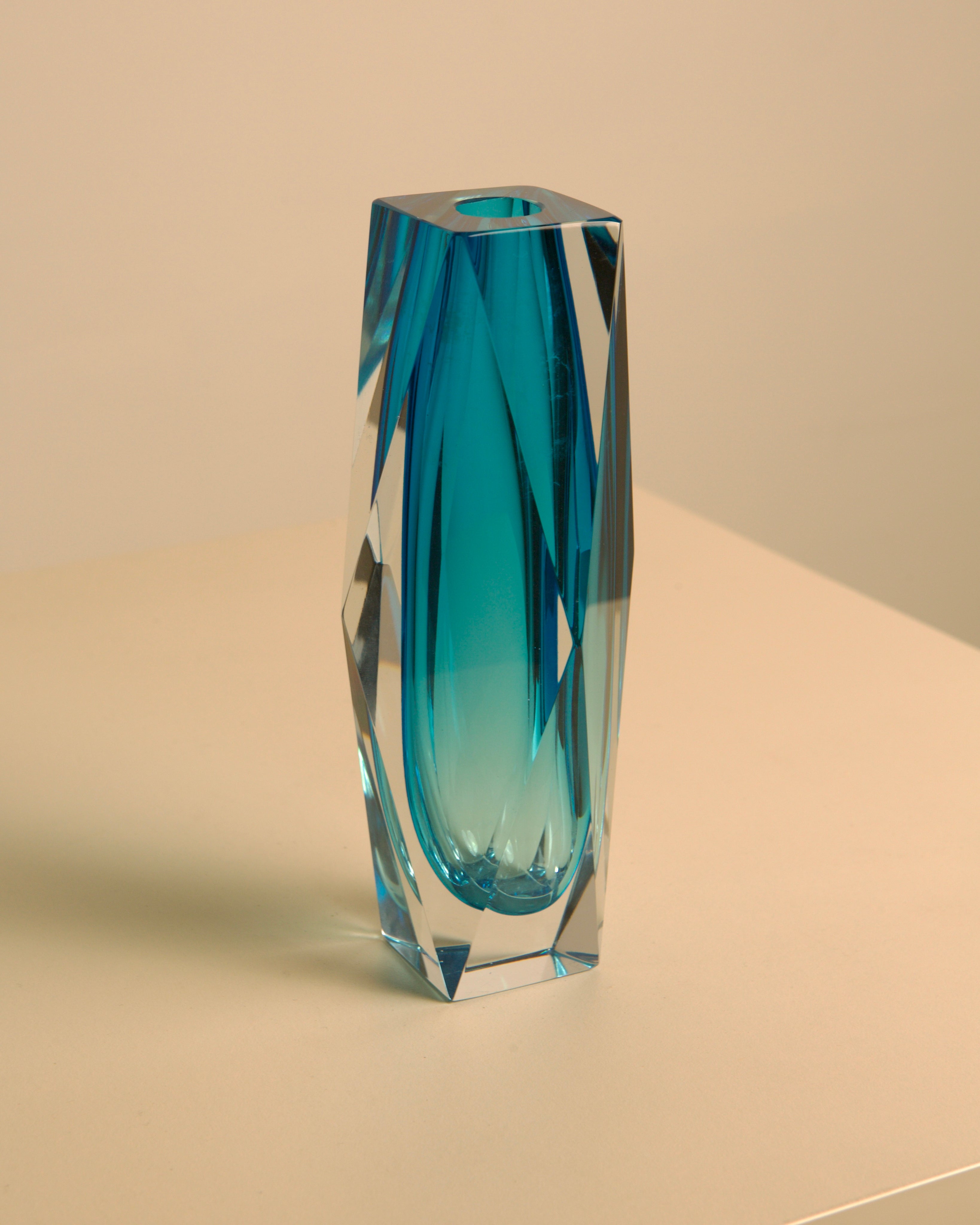 Turquoise Murano glass vase with faceted crystal form by Seguso